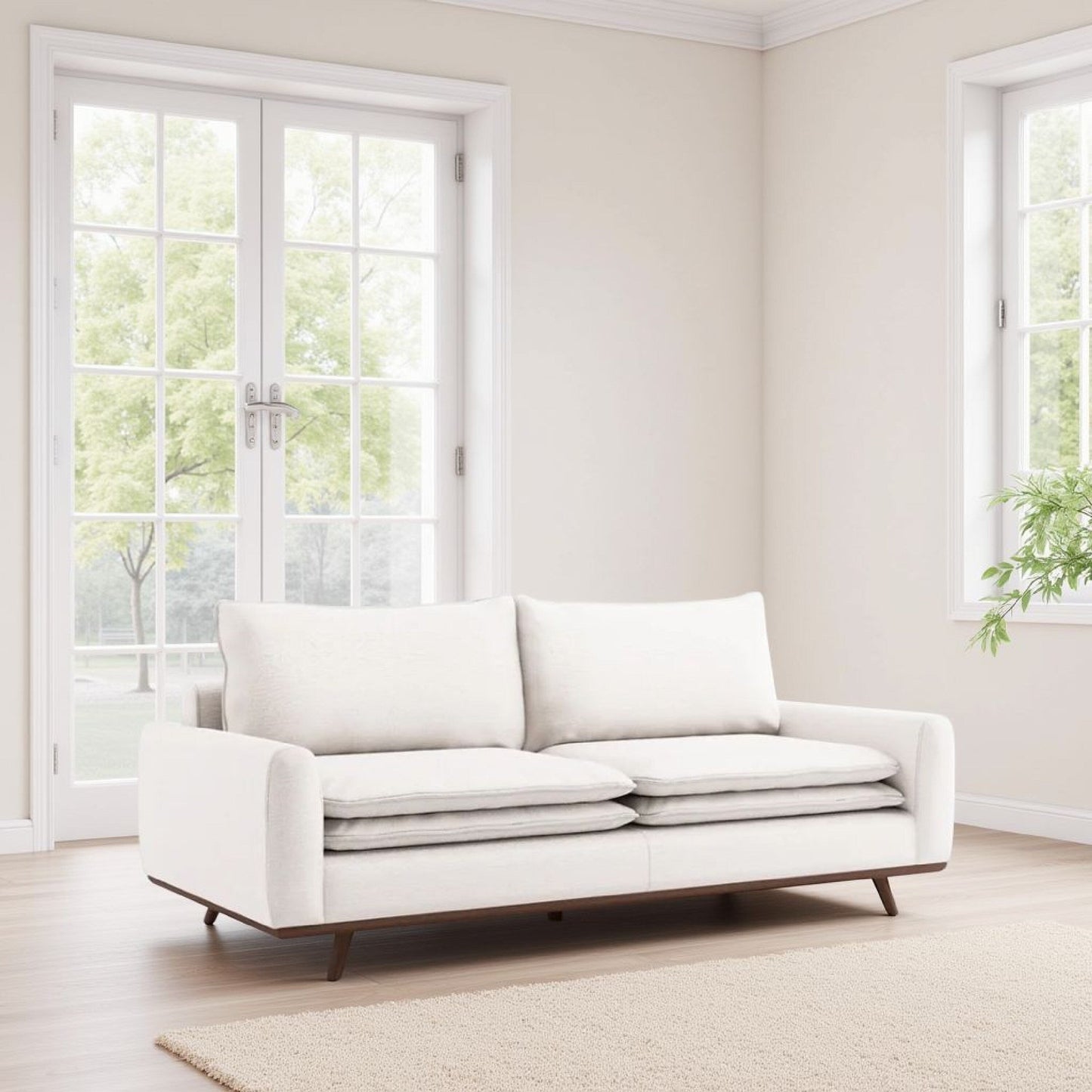 Yaana Sofa with Feather Blend Pillows, Dark Brown Wood, White 83 Inch