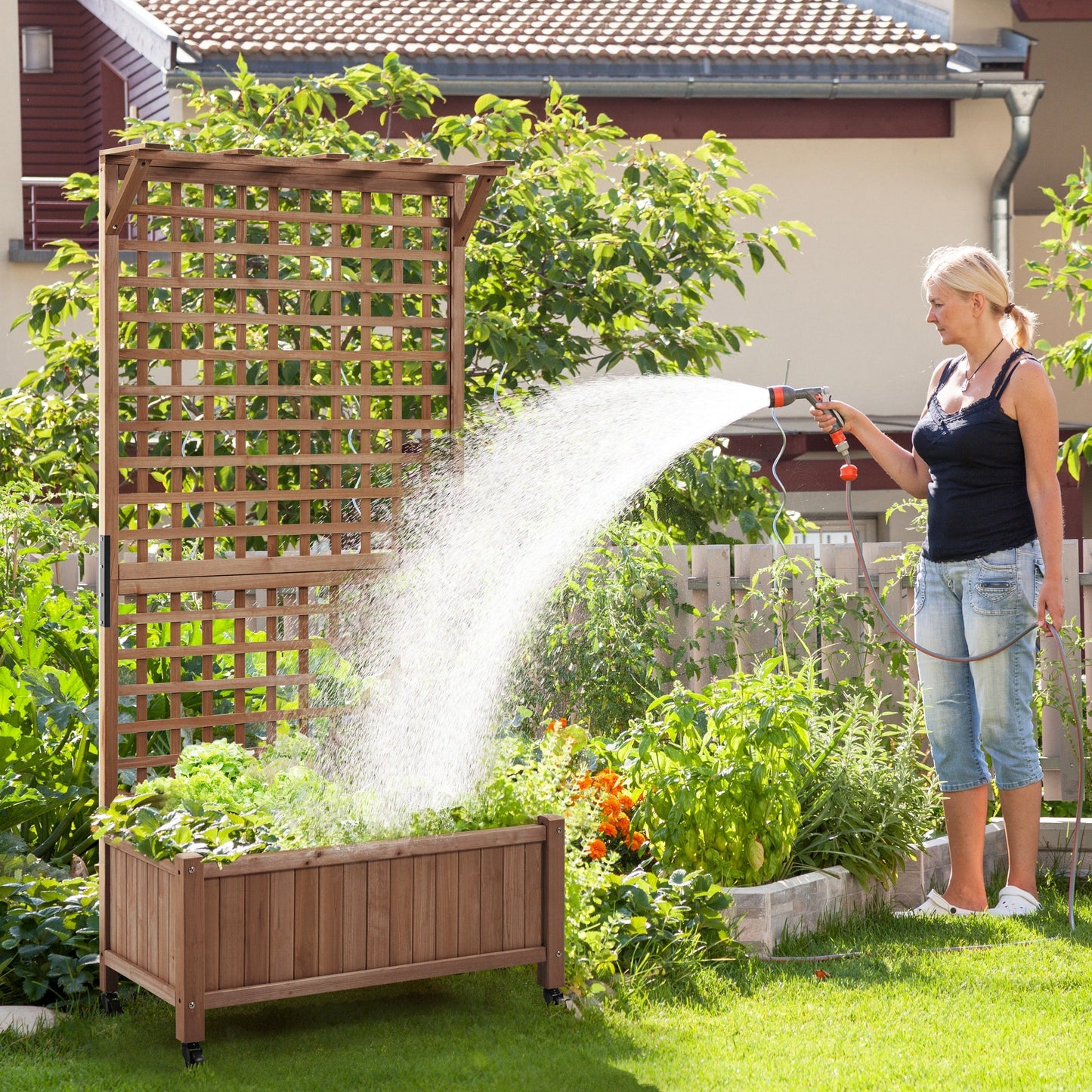 Yaheetech 72H Hochbeet aus Holz mit Spalier, freistehender Pflanzkasten für Garten und Hof