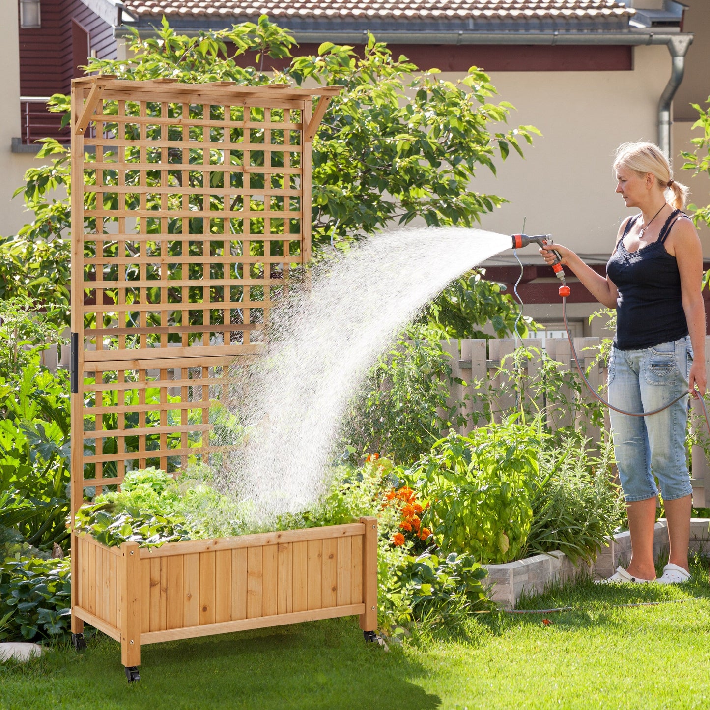 Yaheetech 72H Hochbeet aus Holz mit Spalier, freistehender Pflanzkasten für Garten und Hof