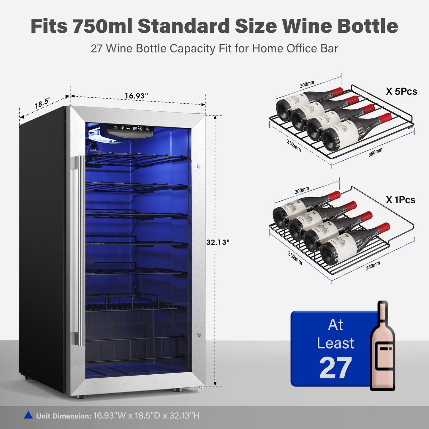 Yeego 17 Zoll Einzelzone 27-Flaschen freistehender Weinkühler Mini-Kühlschrank - 16,9 Zoll