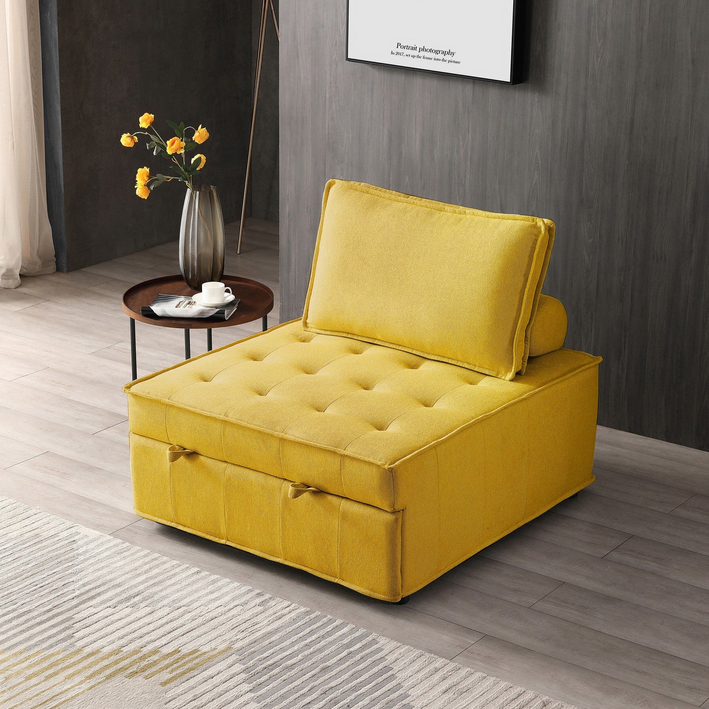 Gelbes 39 Einzel-Mehrzweck-Ottoman-Ausziehsofa mit verstellbarer Rückenlehne und Kissen für das Wohnzimmer