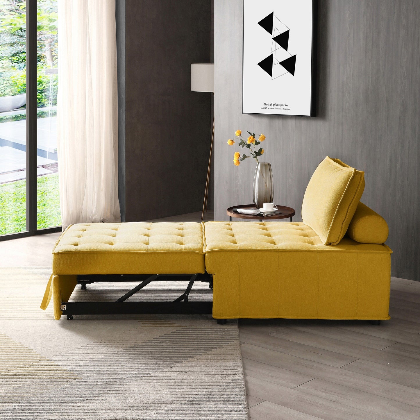 Gelbes 39 Einzel-Mehrzweck-Ottoman-Ausziehsofa mit verstellbarer Rückenlehne und Kissen für das Wohnzimmer