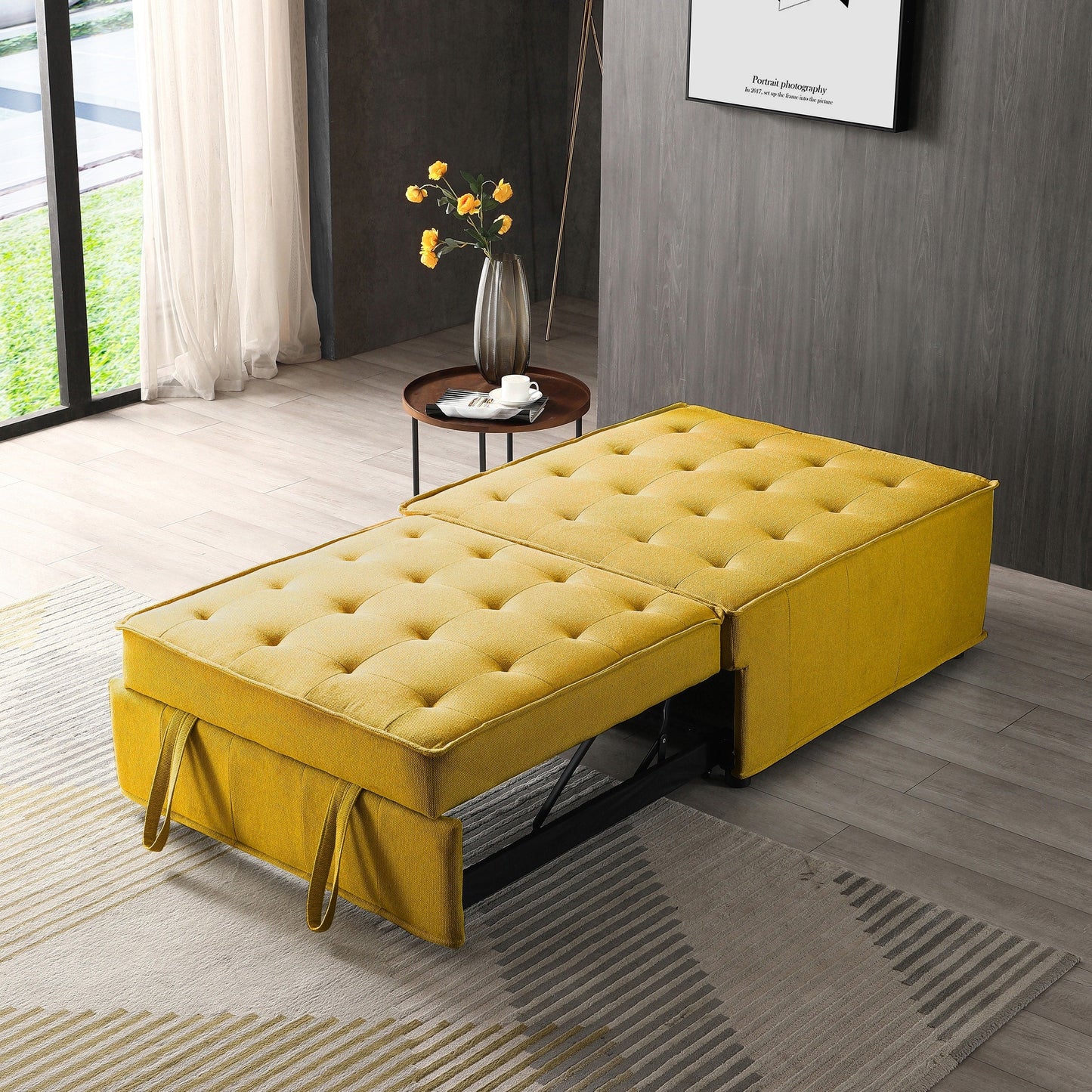 Gelbes 39 Einzel-Mehrzweck-Ottoman-Ausziehsofa mit verstellbarer Rückenlehne und Kissen für das Wohnzimmer