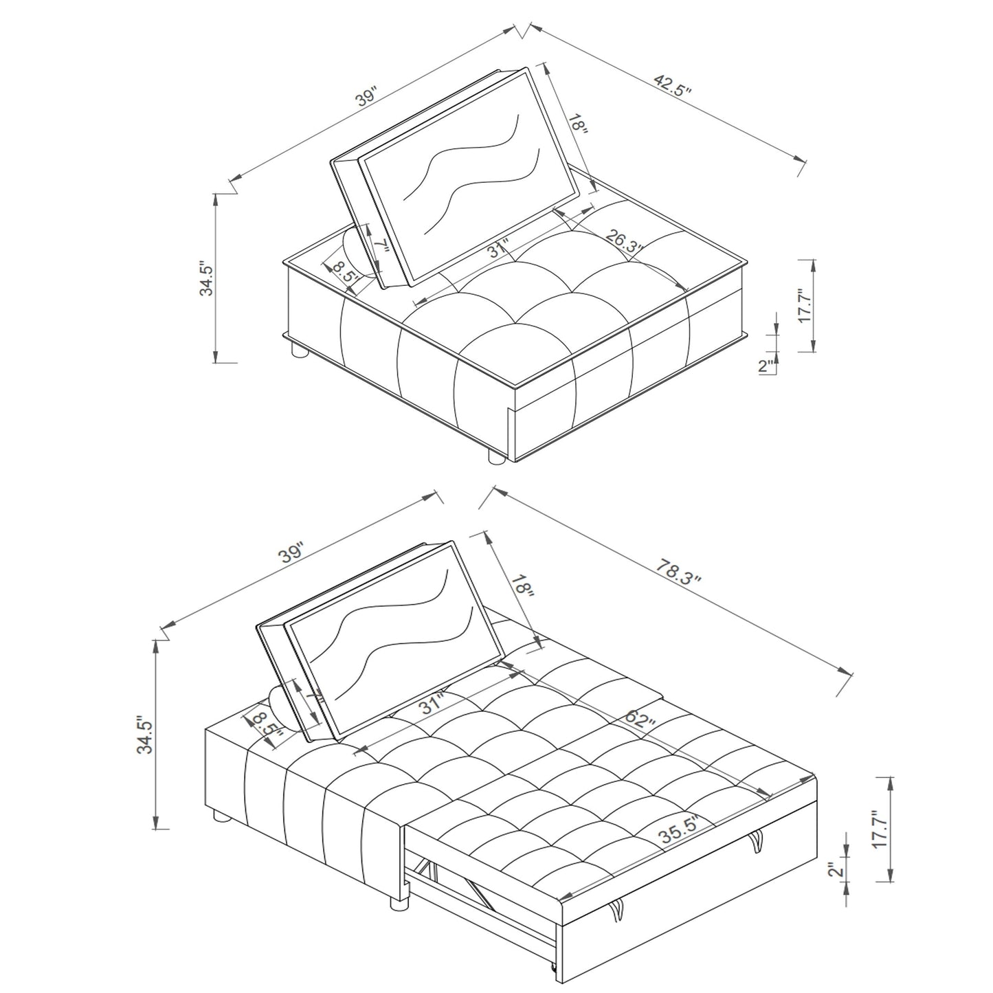 Gelbes 39 Einzel-Mehrzweck-Ottoman-Ausziehsofa mit verstellbarer Rückenlehne und Kissen für das Wohnzimmer