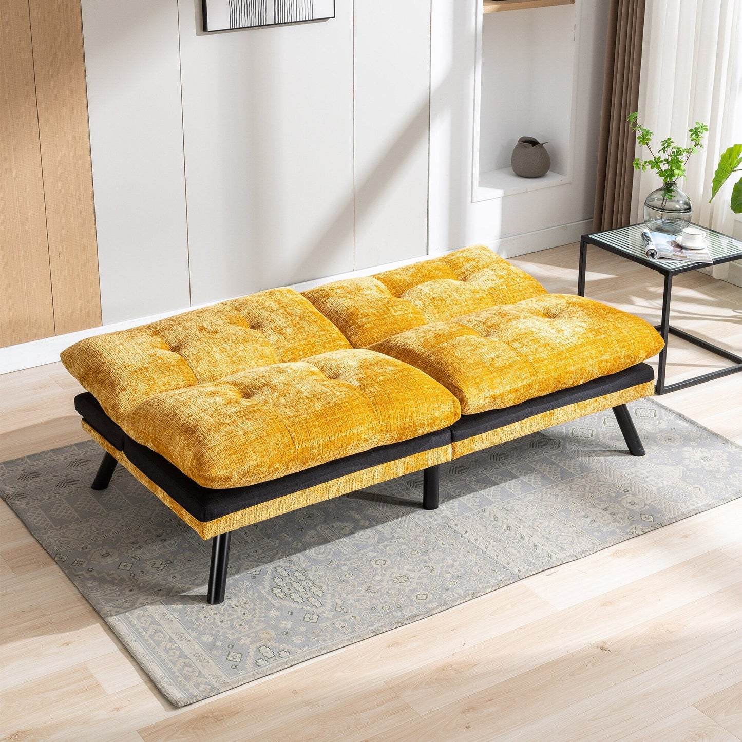 Gelbes 75,6 Chenille-Schlafsofa, umwandelbar, für zwei Personen, Futon-Sofa mit Metallbeinen für das Wohnzimmer