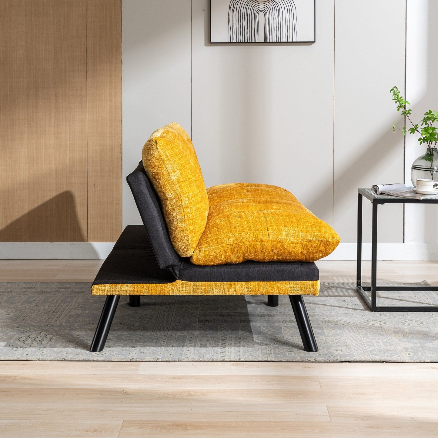 Gelbes 75,6 Chenille-Schlafsofa, umwandelbar, für zwei Personen, Futon-Sofa mit Metallbeinen für das Wohnzimmer