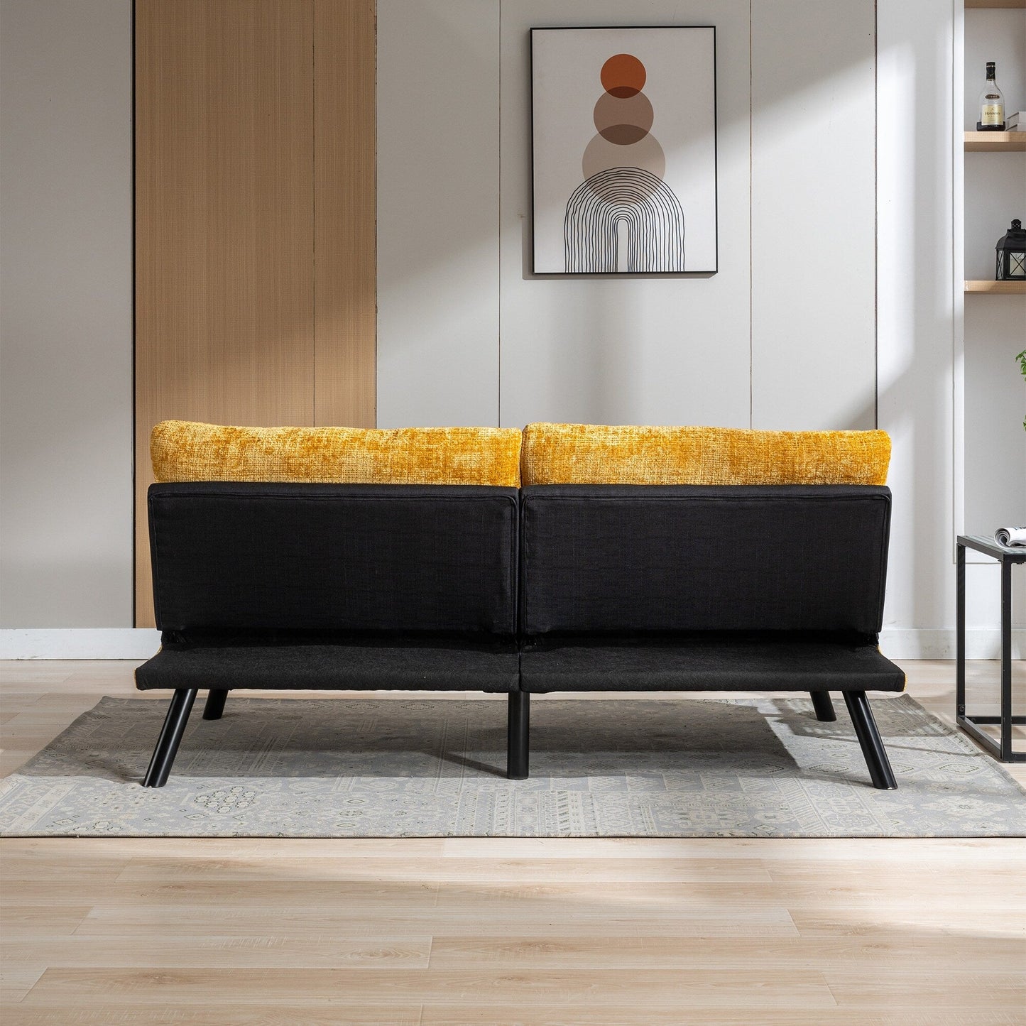 Gelbes 75,6 Chenille-Schlafsofa, umwandelbar, für zwei Personen, Futon-Sofa mit Metallbeinen für das Wohnzimmer