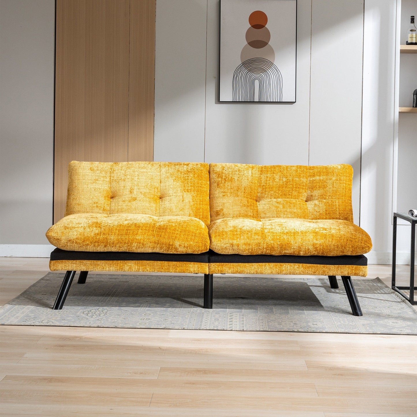 Gelbes 75,6 Chenille-Schlafsofa, umwandelbar, für zwei Personen, Futon-Sofa mit Metallbeinen für das Wohnzimmer