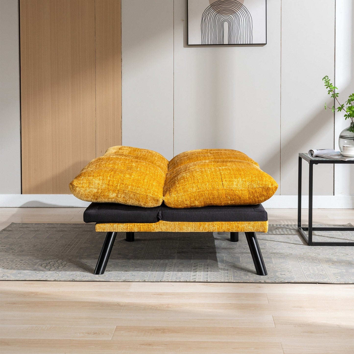 Gelbes 75,6 Chenille-Schlafsofa, umwandelbar, für zwei Personen, Futon-Sofa mit Metallbeinen für das Wohnzimmer