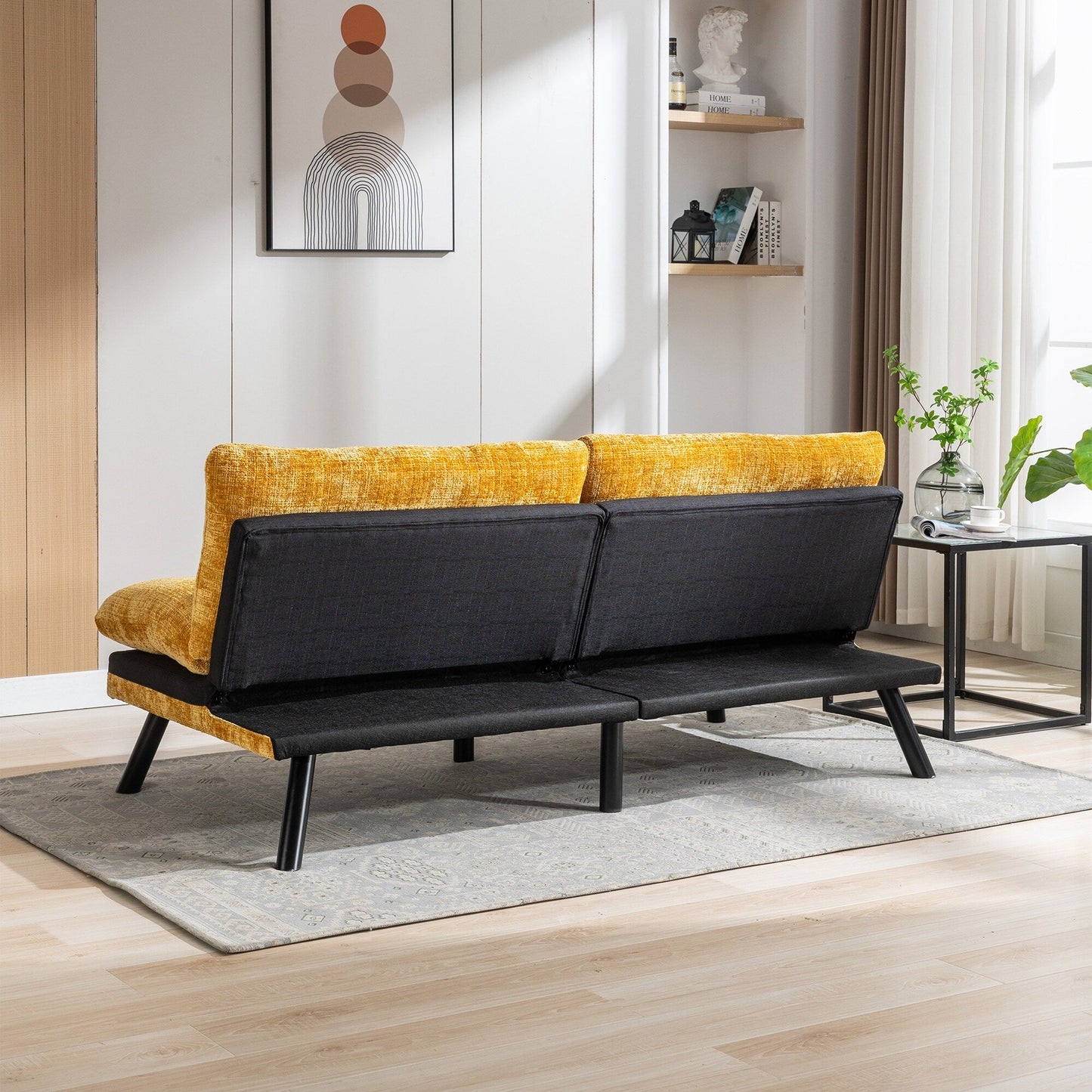Gelbes 75,6 Chenille-Schlafsofa, umwandelbar, für zwei Personen, Futon-Sofa mit Metallbeinen für das Wohnzimmer