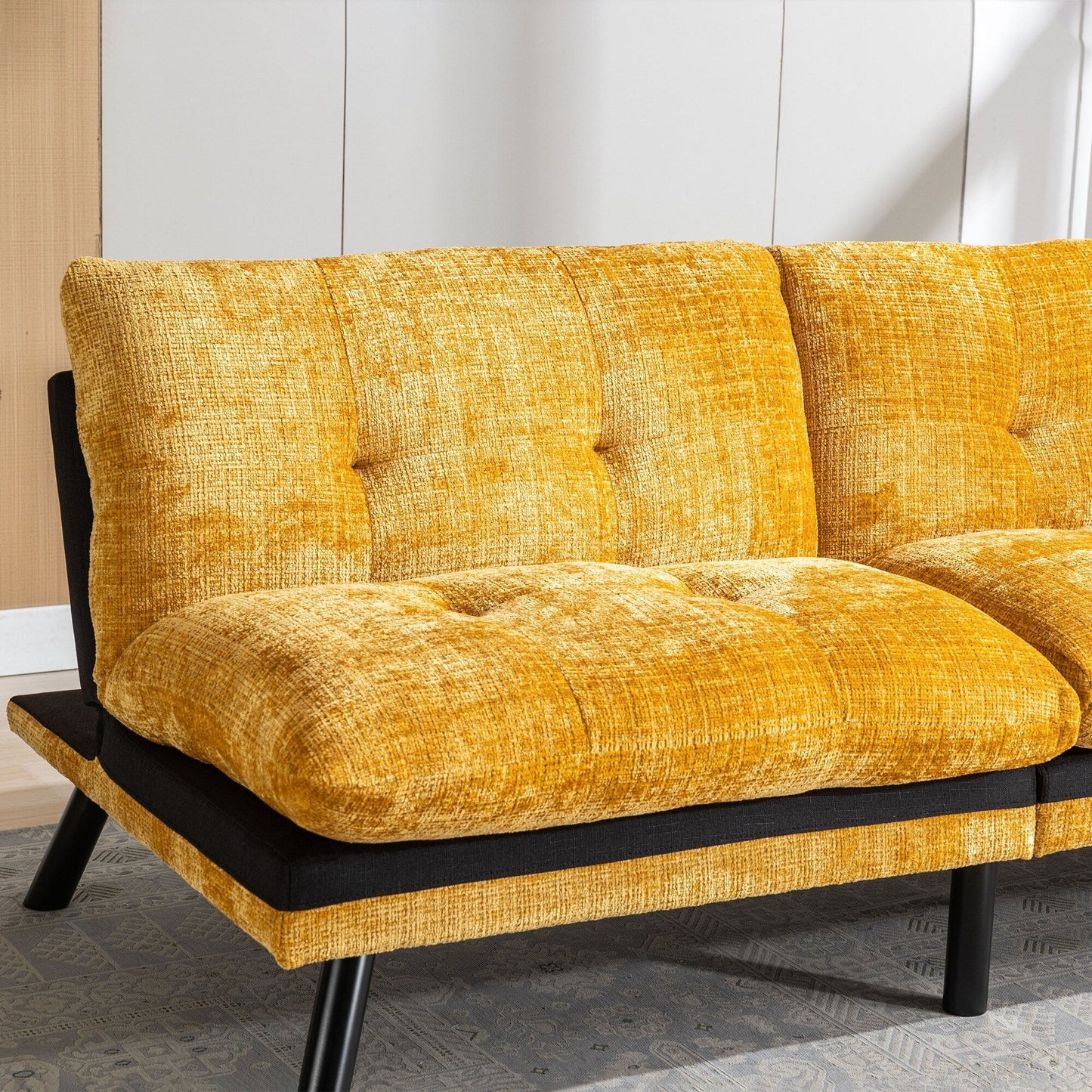 Gelbes 75,6 Chenille-Schlafsofa, umwandelbar, für zwei Personen, Futon-Sofa mit Metallbeinen für das Wohnzimmer