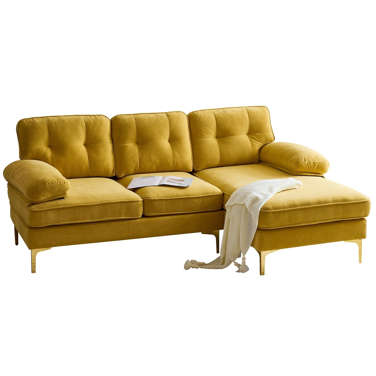 Gelbes 83-Sitzer-Sofa aus Samt in L-Form mit weichen Schaumstoffkissen, losen Rückenlehnen und Armlehnen sowie Metallbeinen