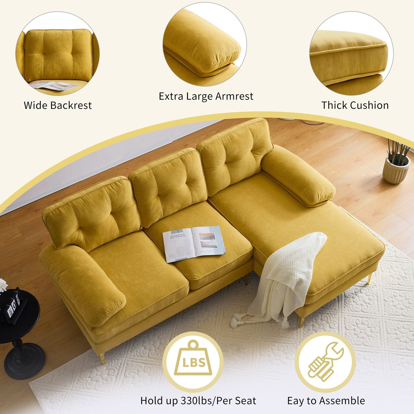 Gelbes 83-Sitzer-Sofa aus Samt in L-Form mit weichen Schaumstoffkissen, losen Rückenlehnen und Armlehnen sowie Metallbeinen
