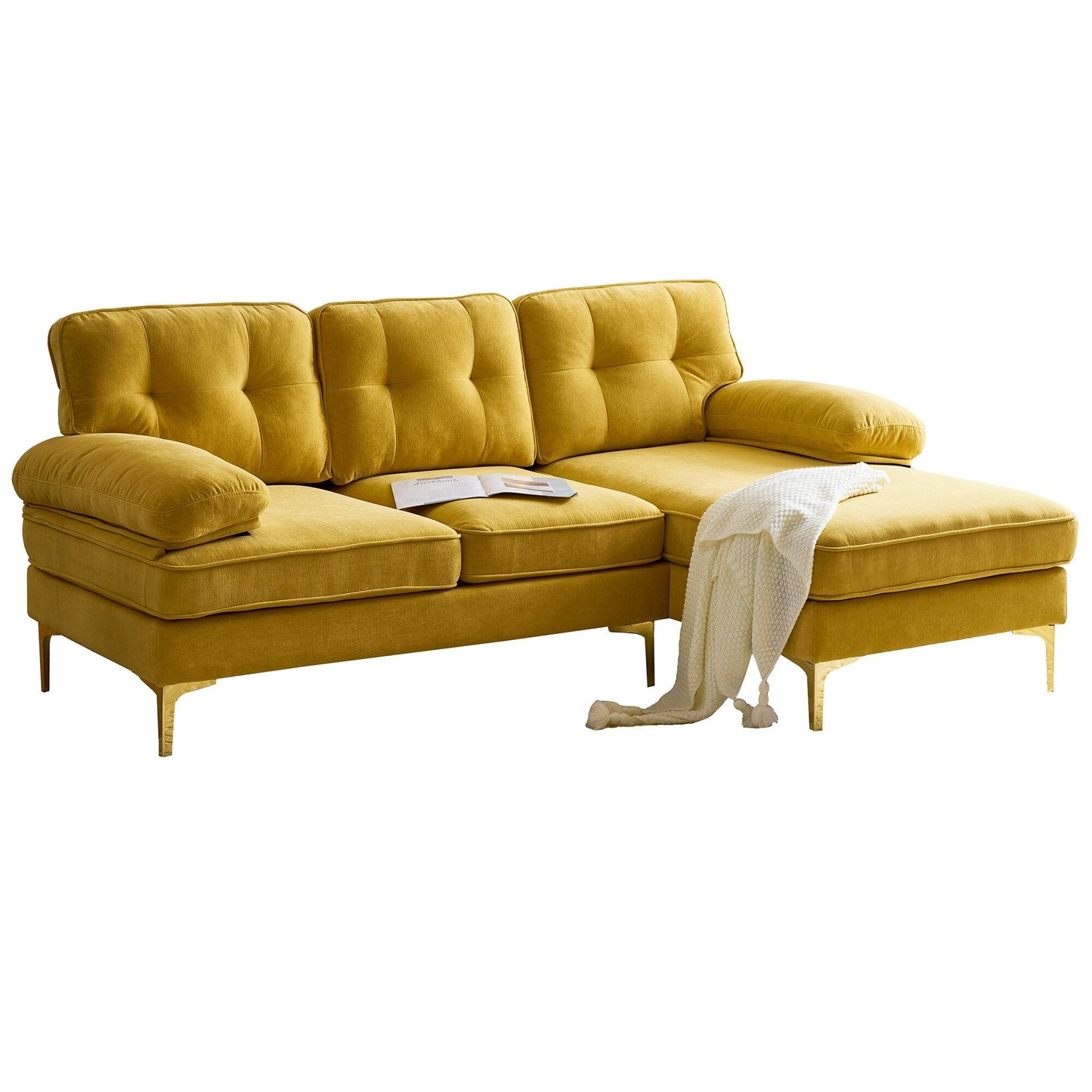 Yellow 83'' Velvet L-Shaped 3 Seater Sectional Sofa Couch, with Loose Backrest and Armrests, Soft Foam Cushions, Metal Legs