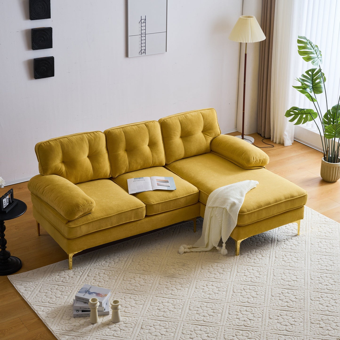 Yellow 83'' Velvet L-Shaped 3 Seater Sectional Sofa Couch, with Loose Backrest and Armrests, Soft Foam Cushions, Metal Legs
