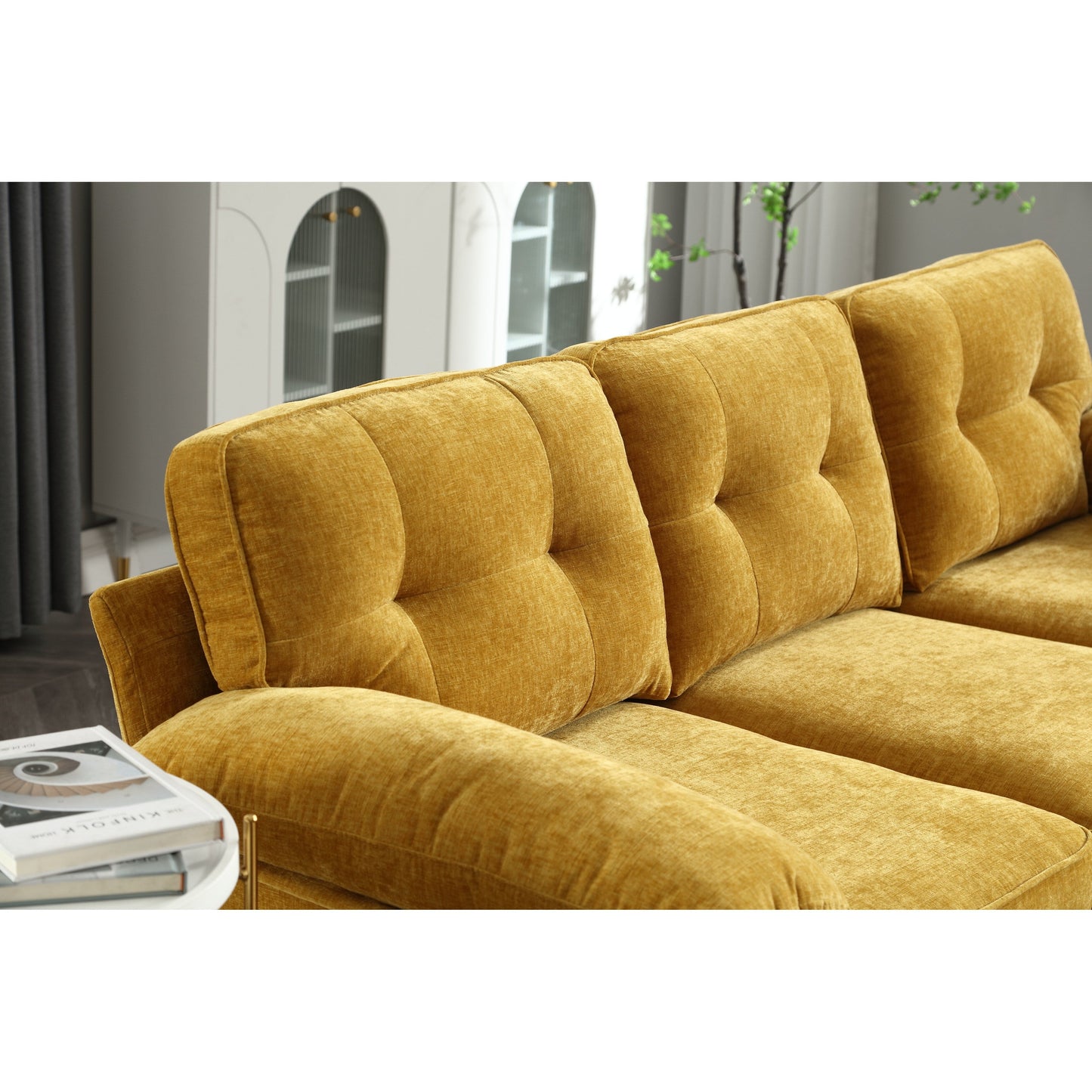 Yellow 85 Fabric L-Shaped Sofa with Wooden Frame, Chaise, and Spring-Reinforced Cushions