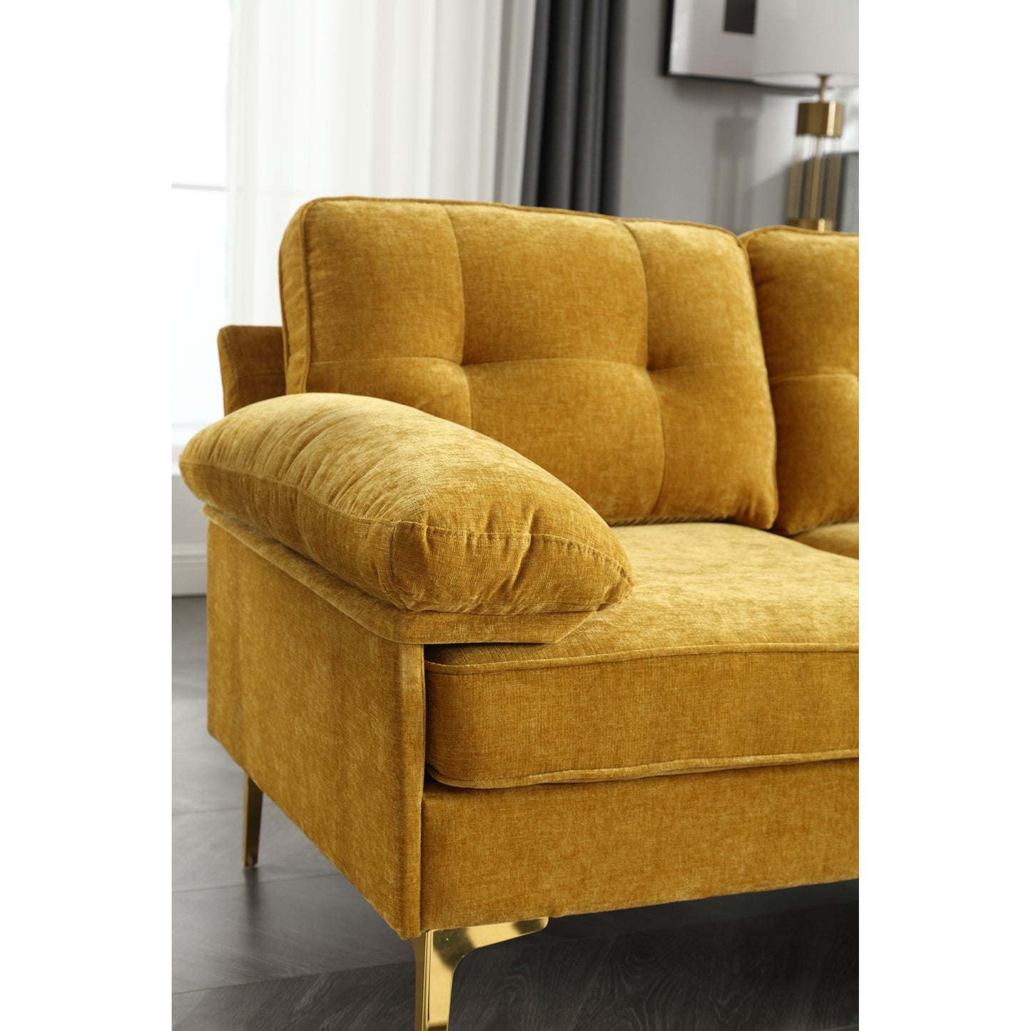 Yellow 85 Fabric L-Shaped Sofa with Wooden Frame, Chaise, and Spring-Reinforced Cushions