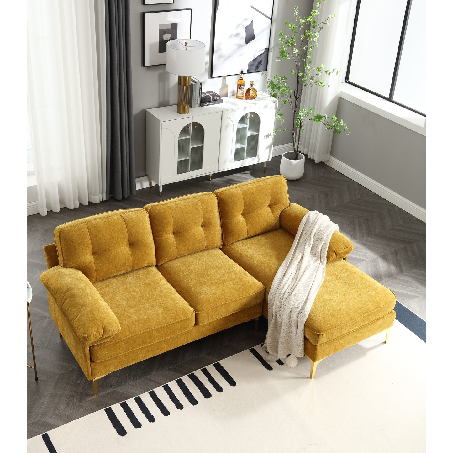 Yellow 85 Fabric L-Shaped Sofa with Wooden Frame, Chaise, and Spring-Reinforced Cushions