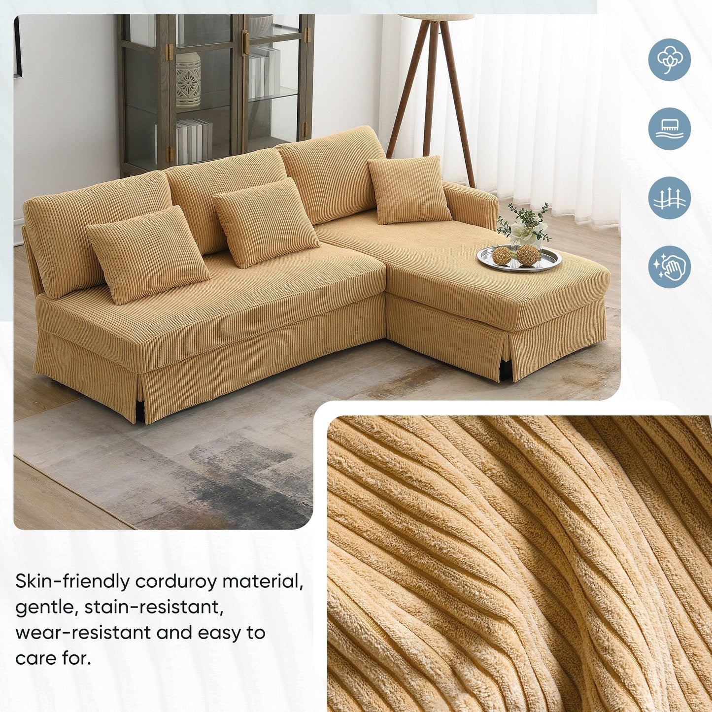 Yellow 87 L-förmiges 3-Sitzer-Sofa mit wendbarer Chaiselongue und 3 Kissen, platzsparendes Design für das Wohnzimmer