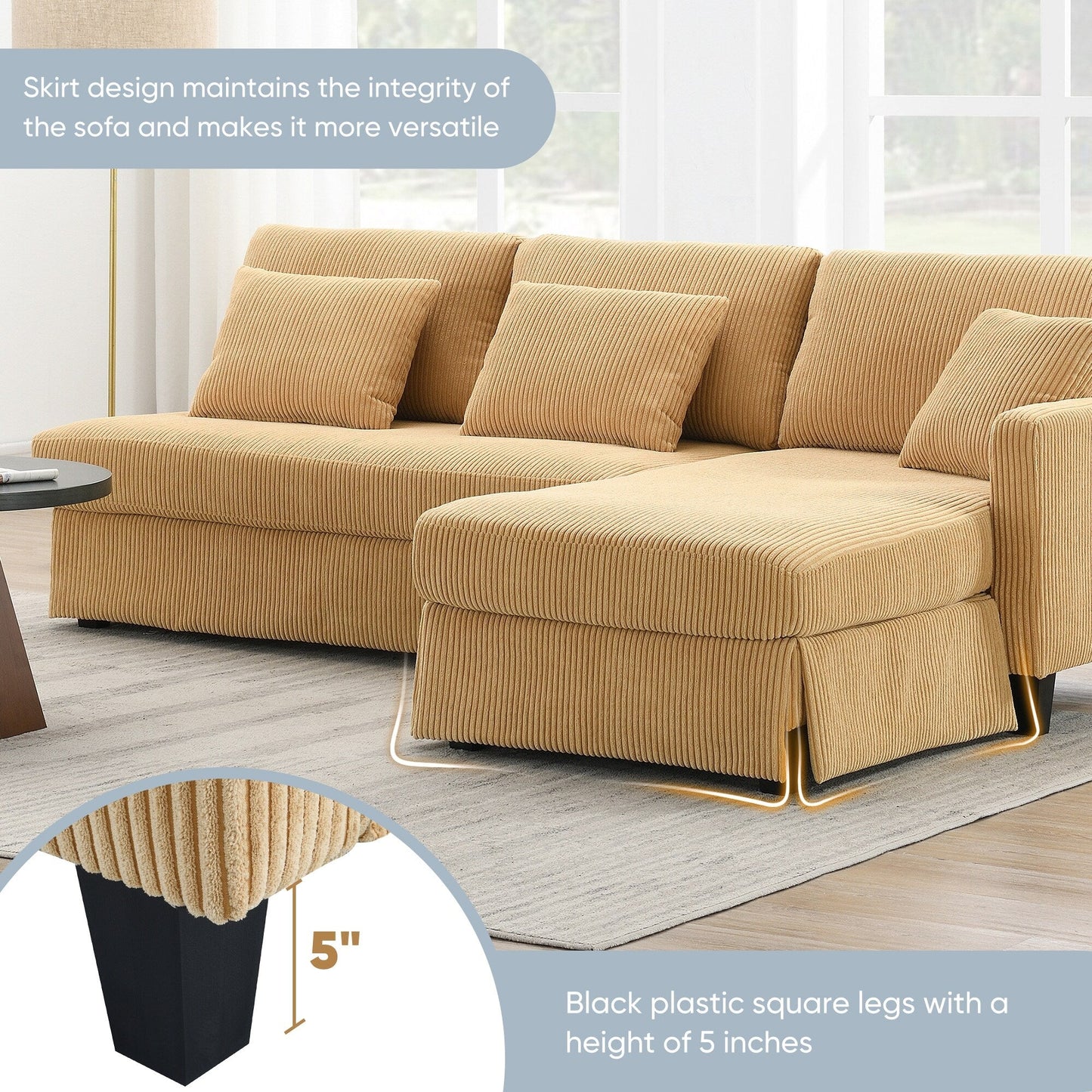 Yellow 87 L-förmiges 3-Sitzer-Sofa mit wendbarer Chaiselongue und 3 Kissen, platzsparendes Design für das Wohnzimmer