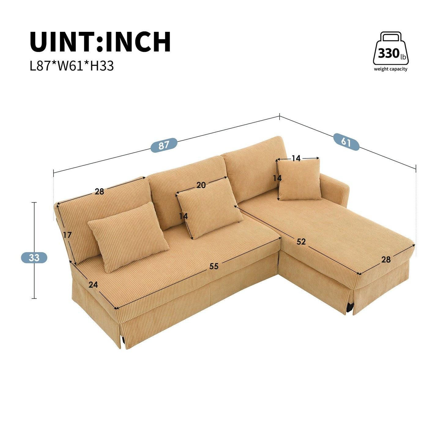 Yellow 87 L-förmiges 3-Sitzer-Sofa mit wendbarer Chaiselongue und 3 Kissen, platzsparendes Design für das Wohnzimmer