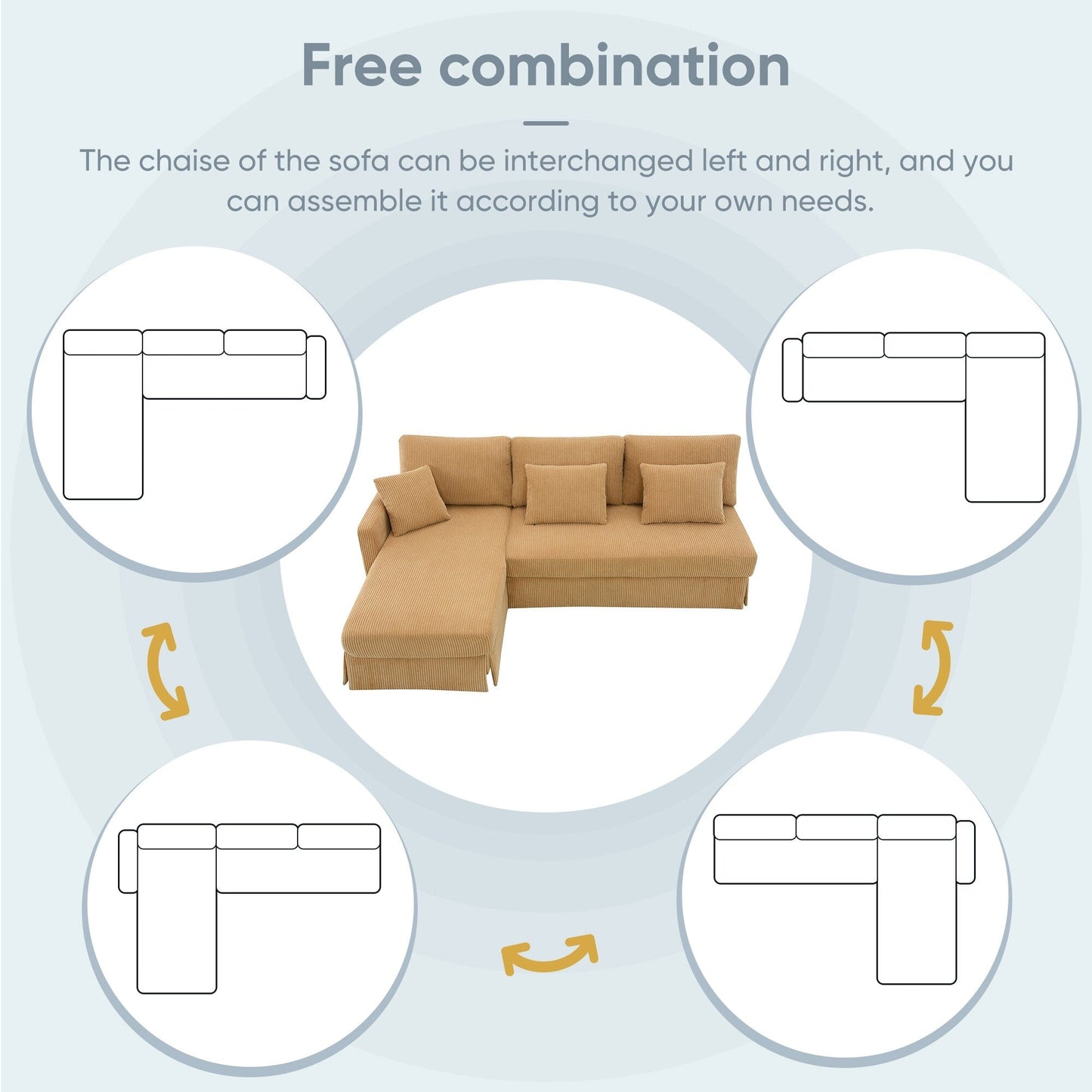 Yellow 87 L-förmiges 3-Sitzer-Sofa mit wendbarer Chaiselongue und 3 Kissen, platzsparendes Design für das Wohnzimmer