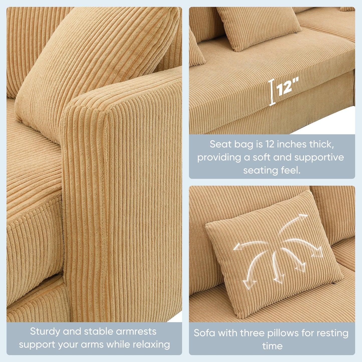 Yellow 87 L-förmiges 3-Sitzer-Sofa mit wendbarer Chaiselongue und 3 Kissen, platzsparendes Design für das Wohnzimmer