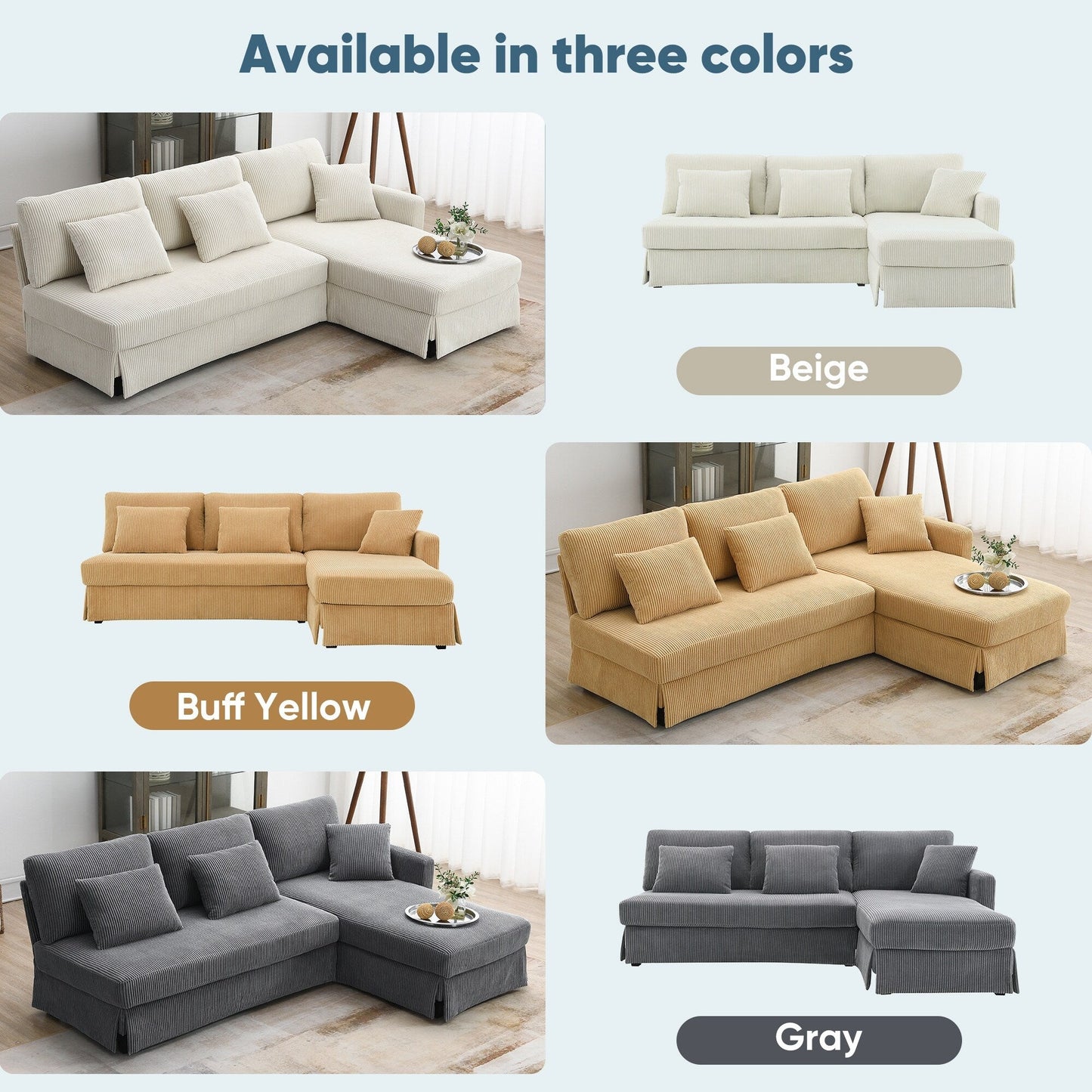 Yellow 87 L-förmiges 3-Sitzer-Sofa mit wendbarer Chaiselongue und 3 Kissen, platzsparendes Design für das Wohnzimmer