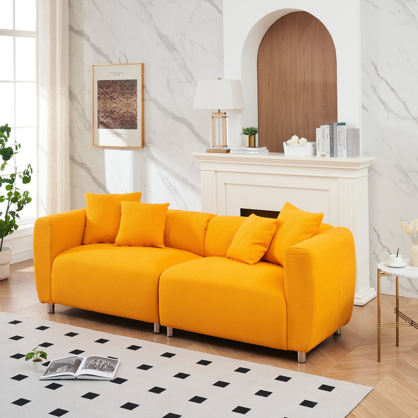 Yellow 89 Cotton Linen 3-seater Sofa with Metal Legs and Solid Wood Frame for Living Room