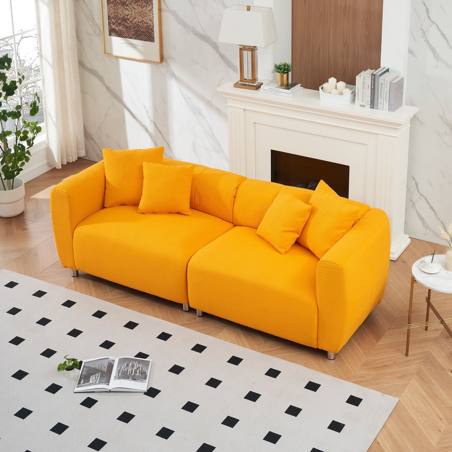 Yellow 89 Cotton Linen 3-seater Sofa with Metal Legs and Solid Wood Frame for Living Room