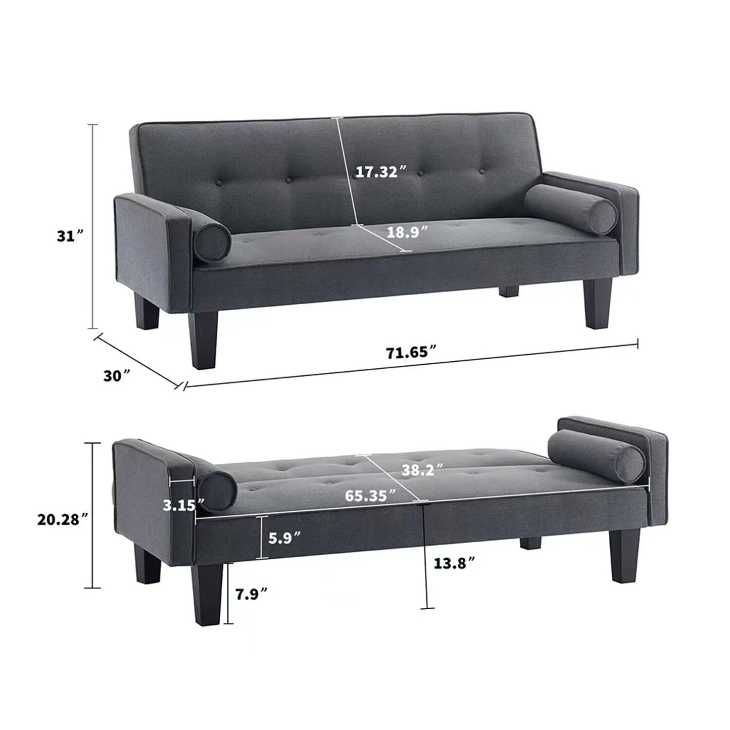 Yellow Convertible 3-seater Futon Sofa Bed with Wood Legs