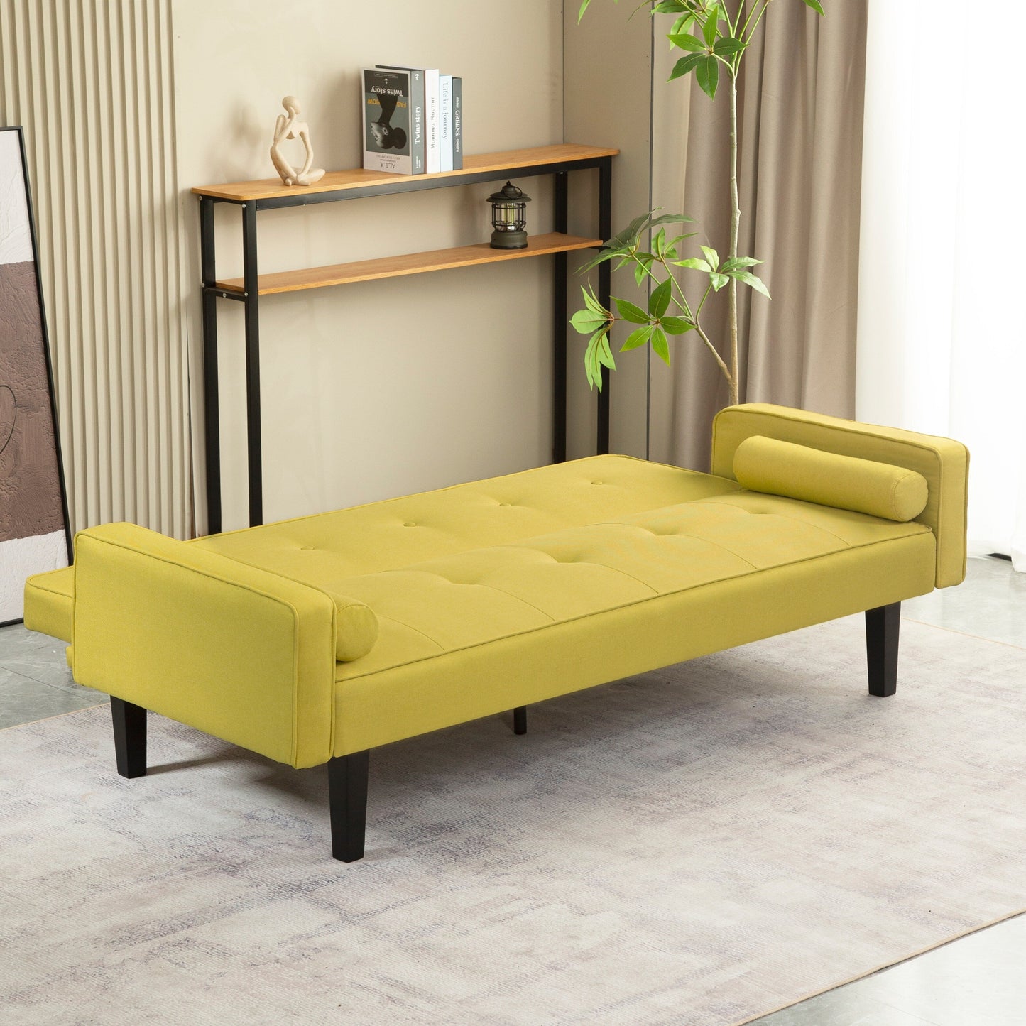 Yellow Convertible 3-seater Futon Sofa Bed with Wood Legs
