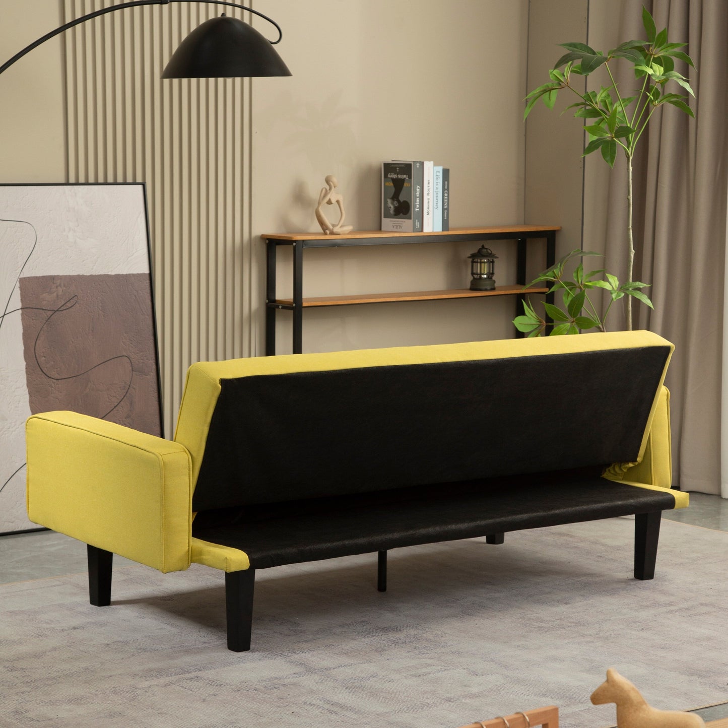 Yellow Convertible 3-seater Futon Sofa Bed with Wood Legs