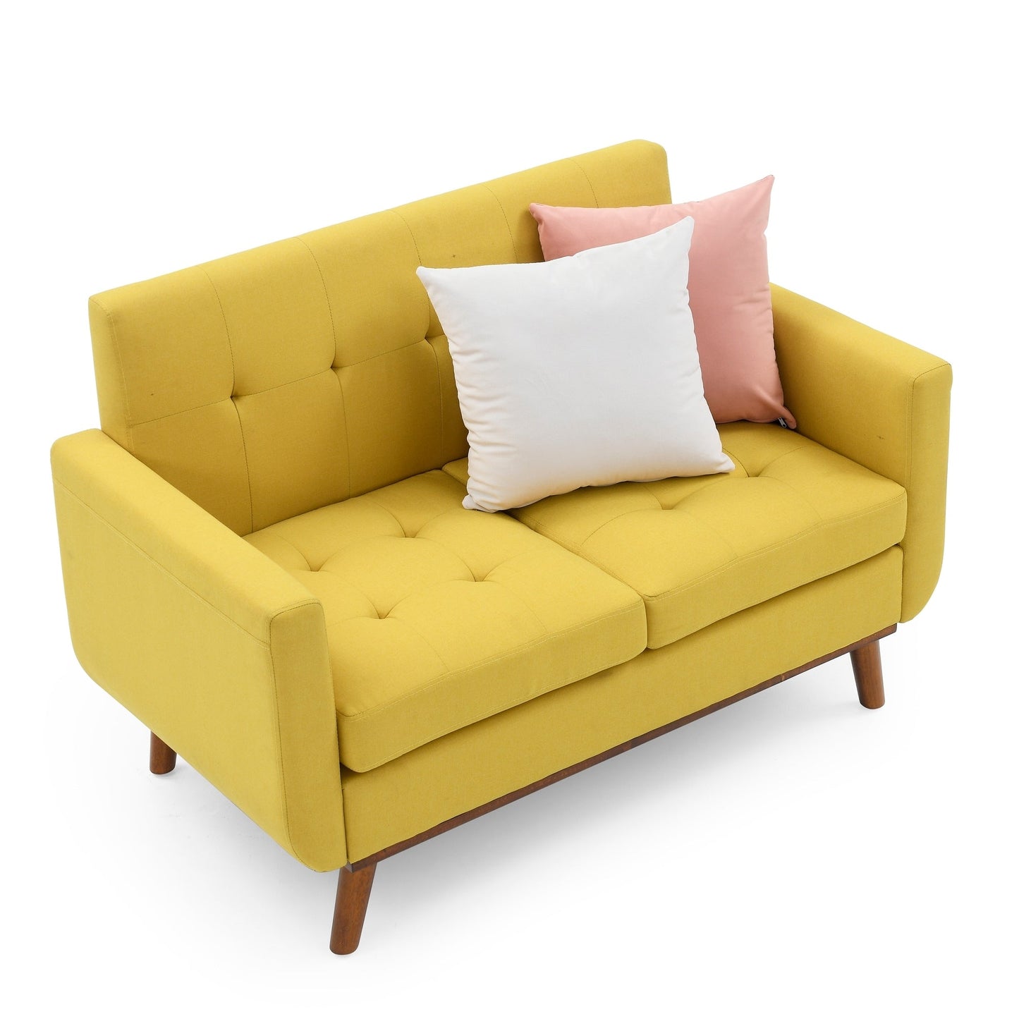 Yellow Foam Button Tufted Loveseat Sofa with Iron Legs