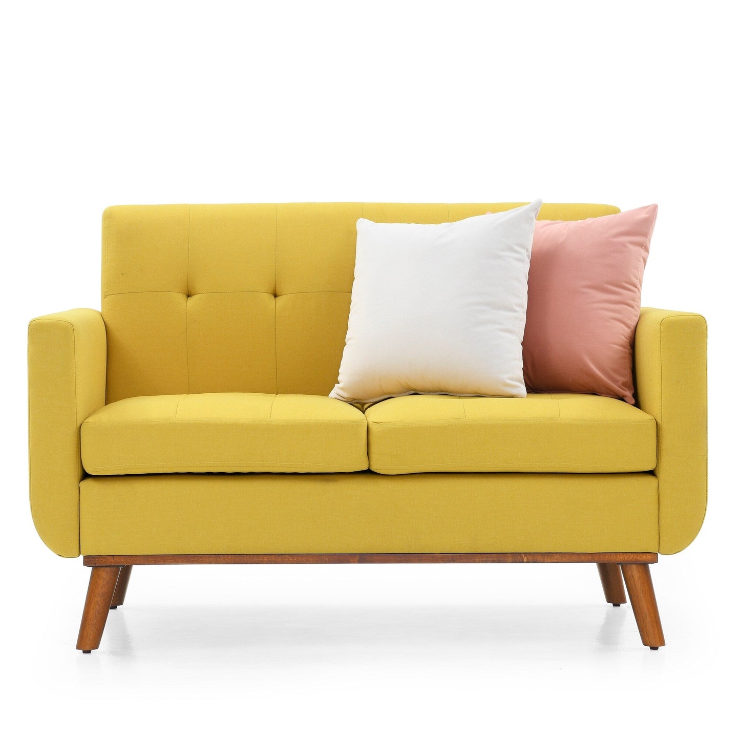 Gelbes Mid Century Modern 53 Polstersofa mit Schaumstoffknöpfen und gepolsterten Beinen aus massivem Eisen für das Wohnzimmer