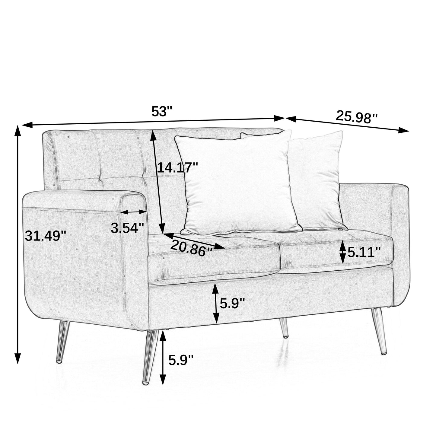 Gelbes Mid Century Modern 53 Polstersofa mit Schaumstoffknöpfen und gepolsterten Beinen aus massivem Eisen für das Wohnzimmer