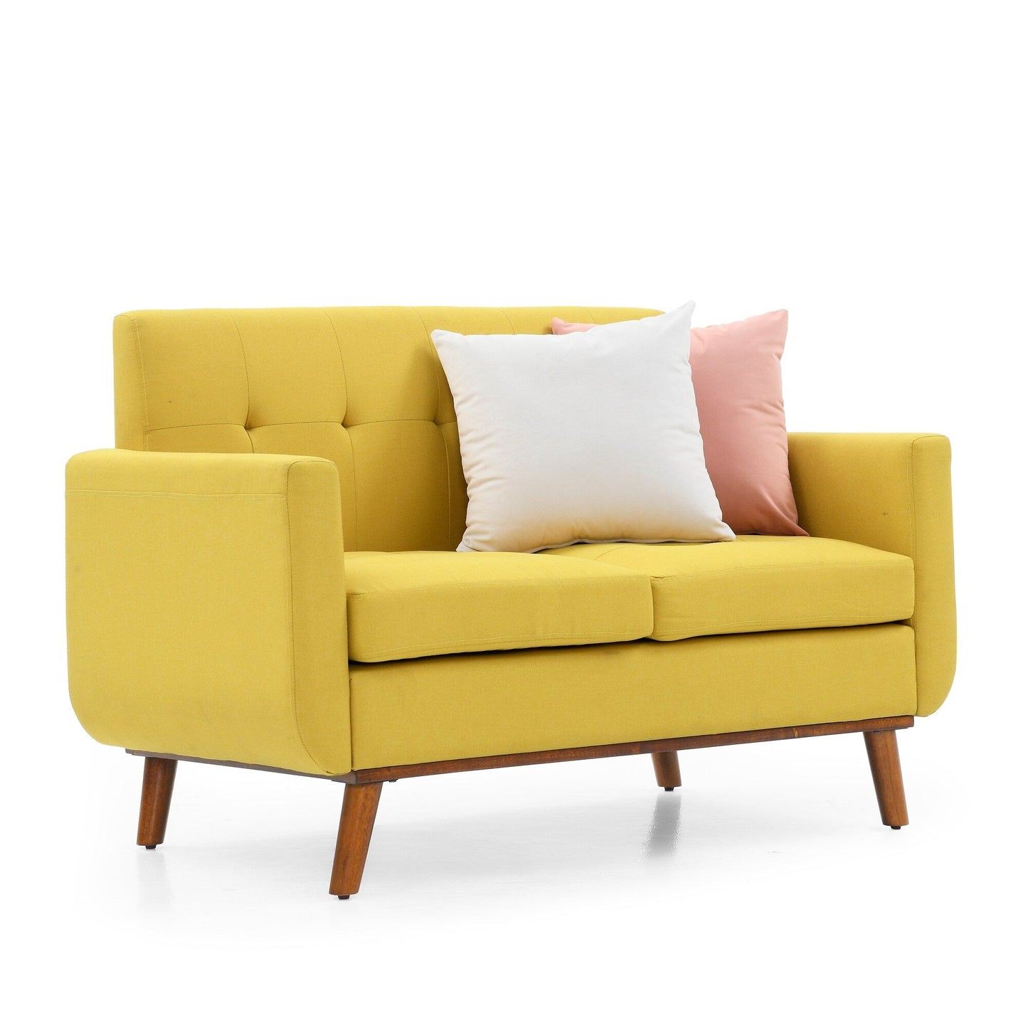 Gelbes Mid Century Modern 53 Polstersofa mit Schaumstoffknöpfen und gepolsterten Beinen aus massivem Eisen für das Wohnzimmer