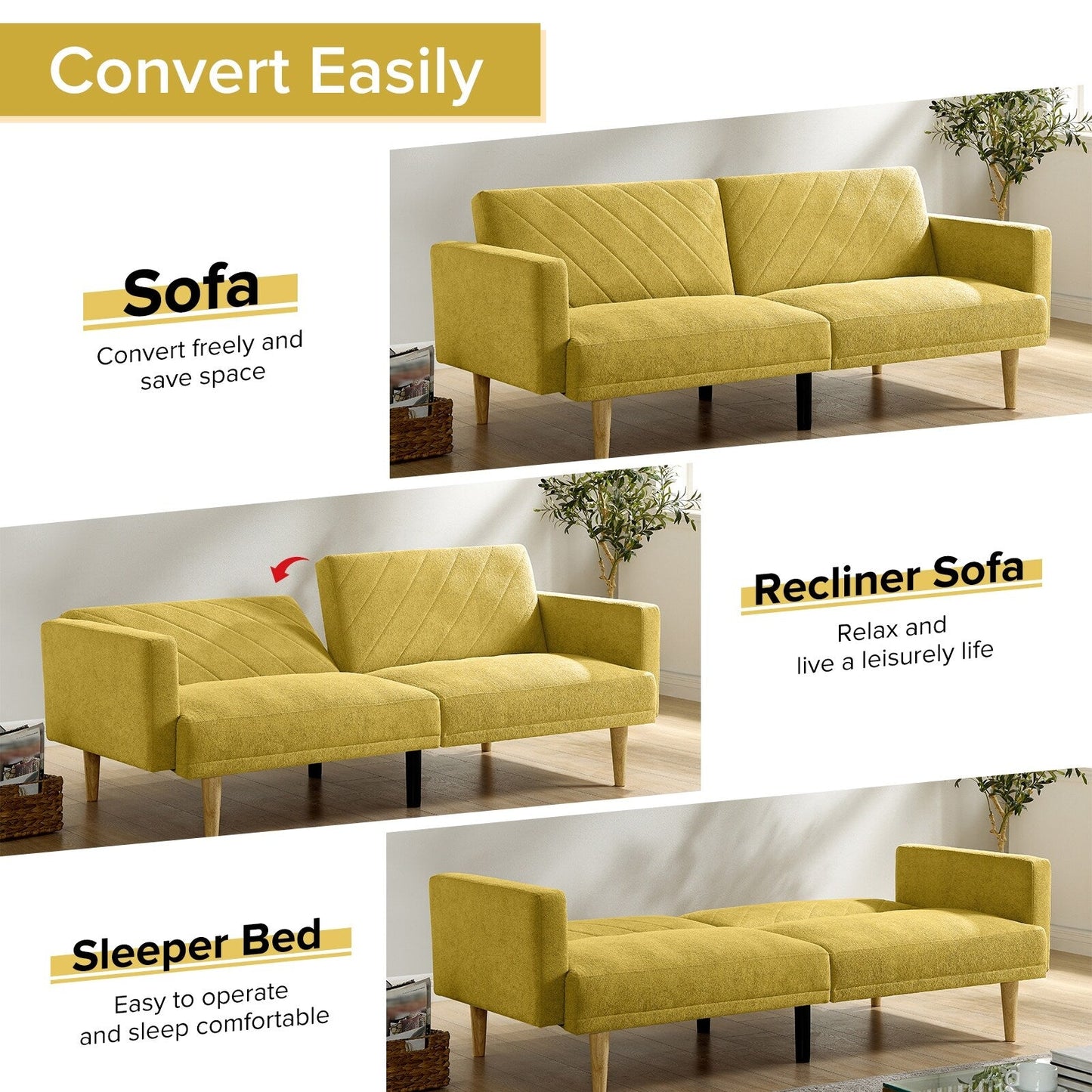 Yellow Snowflake Velvet Futon Sofa Bed