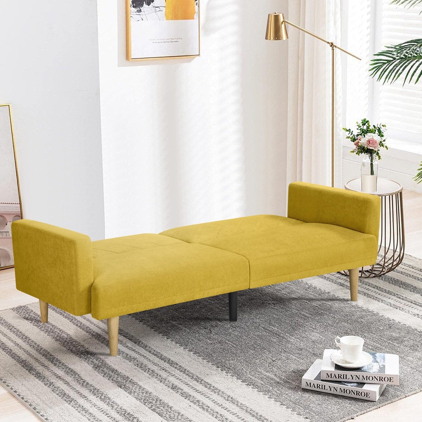 Yellow Snowflake Velvet Futon Sofa Bed