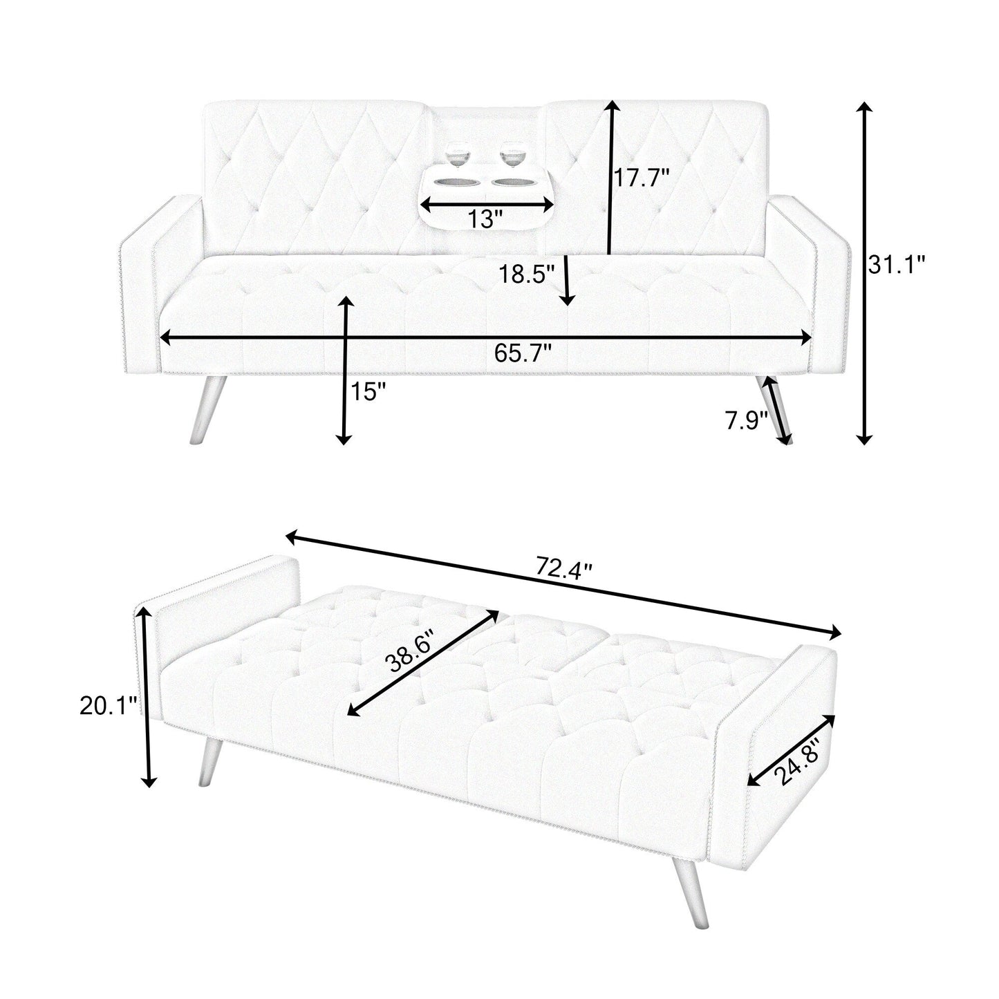 Yellow Velvet 3-seater Sofa Bed with Nailhead and Cup Holders