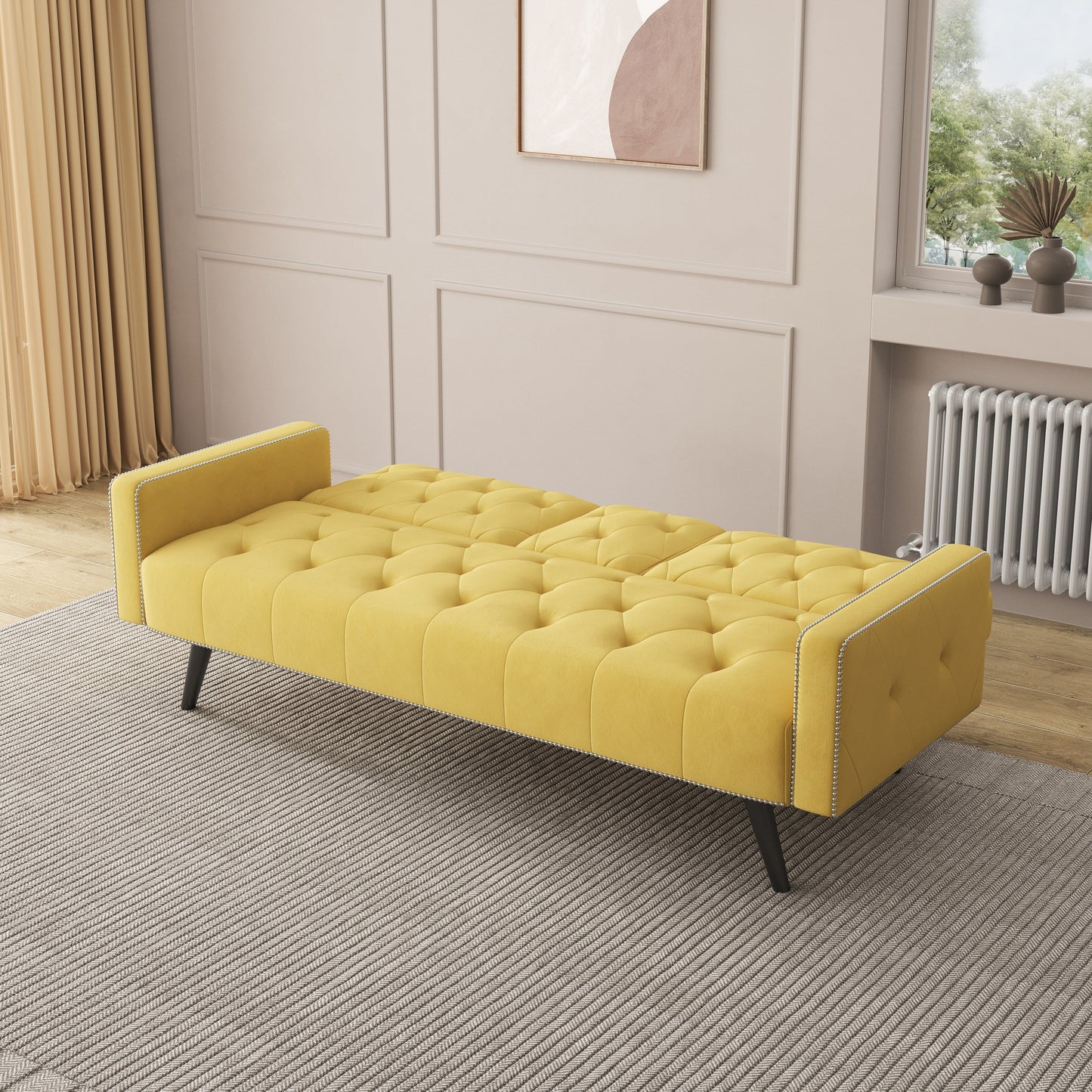 Yellow Velvet 3-seater Sofa Bed with Nailhead and Cup Holders
