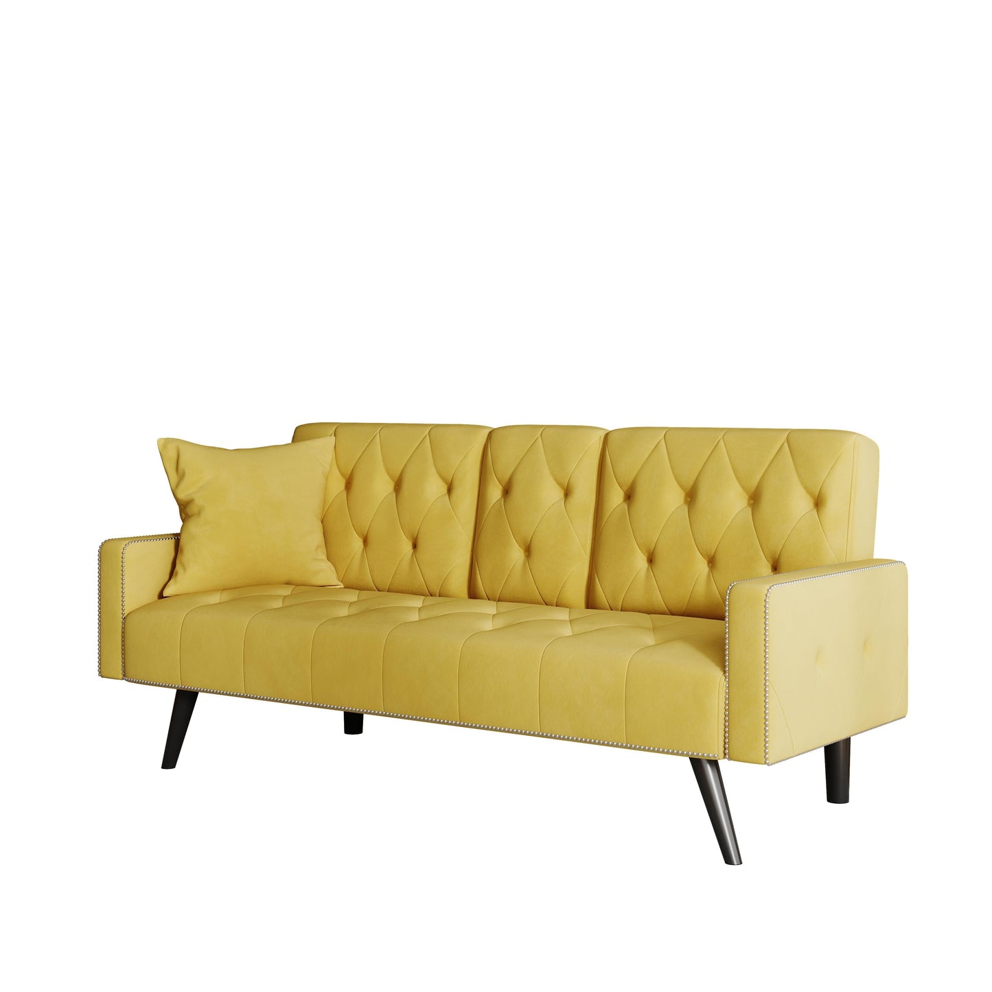 Yellow Velvet 3-seater Sofa Bed with Nailhead and Cup Holders