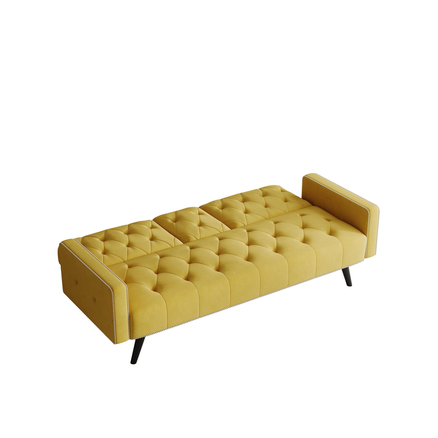 Yellow Velvet 3-seater Sofa Bed with Nailhead and Cup Holders