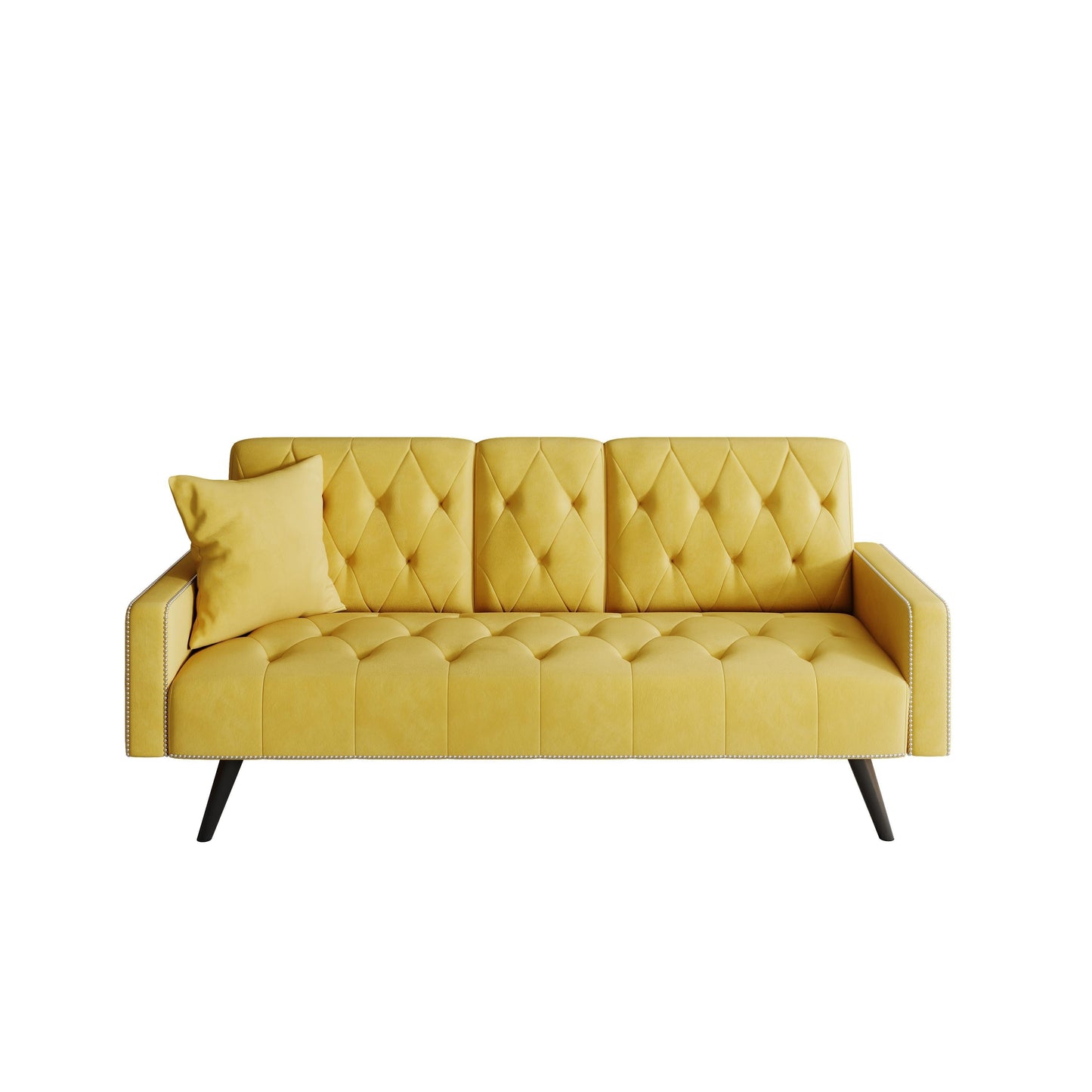 Yellow Velvet 3-seater Sofa Bed with Nailhead and Cup Holders