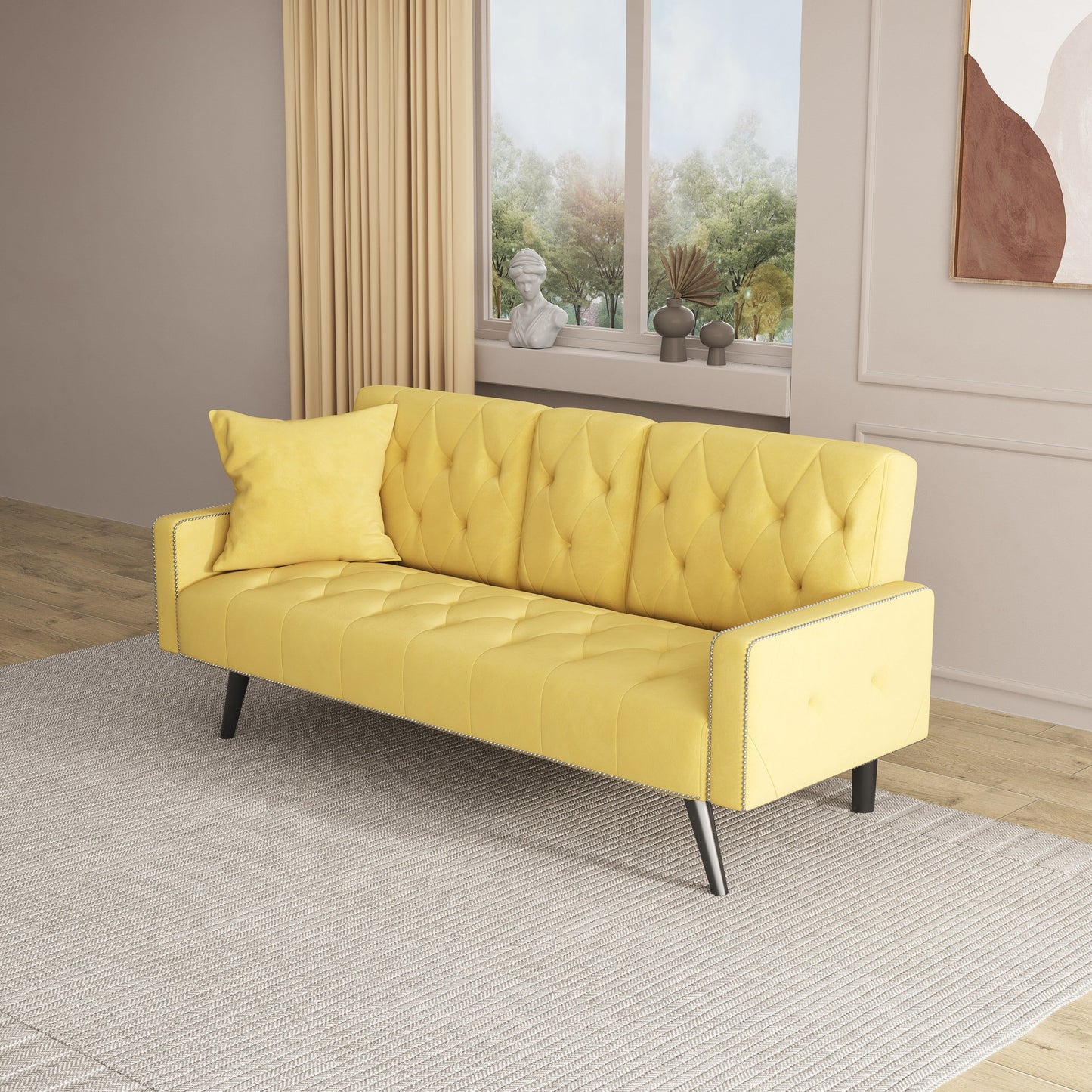 Yellow Velvet 3-seater Sofa Bed with Nailhead and Cup Holders