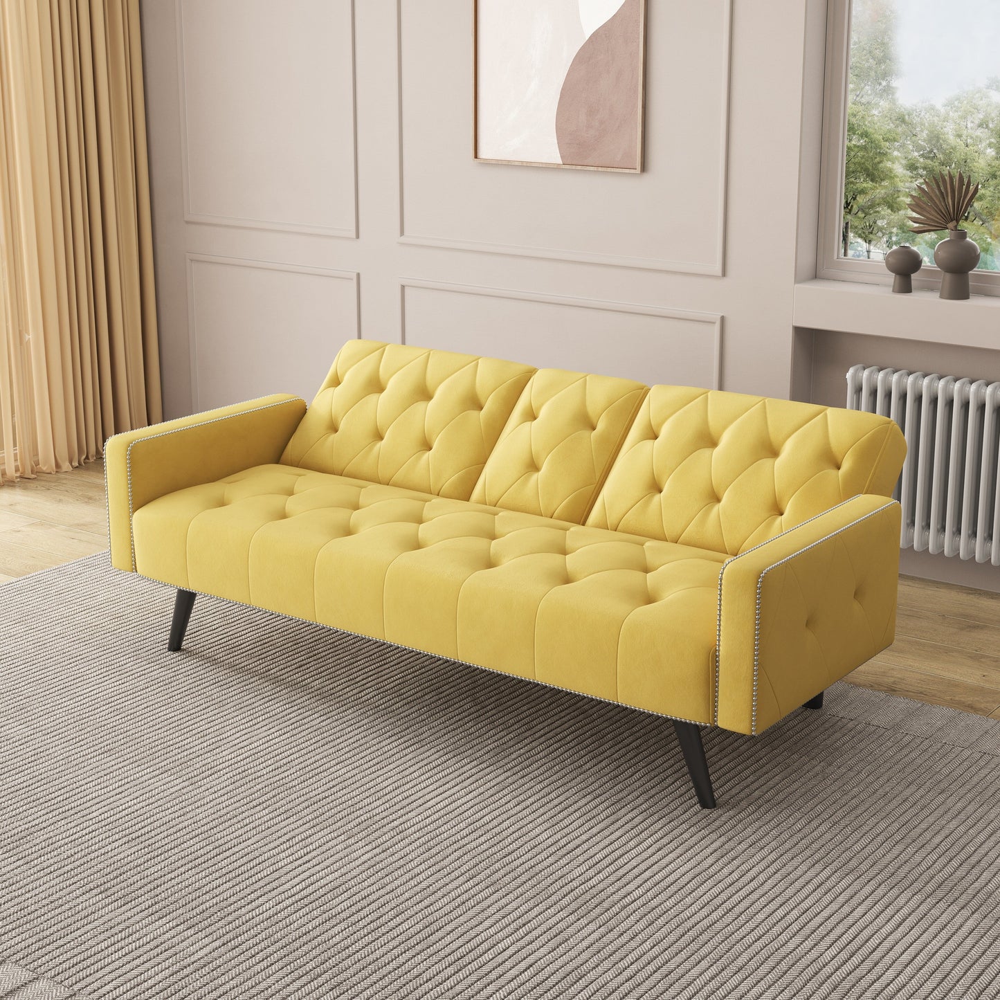 Yellow Velvet 3-seater Sofa Bed with Nailhead and Cup Holders