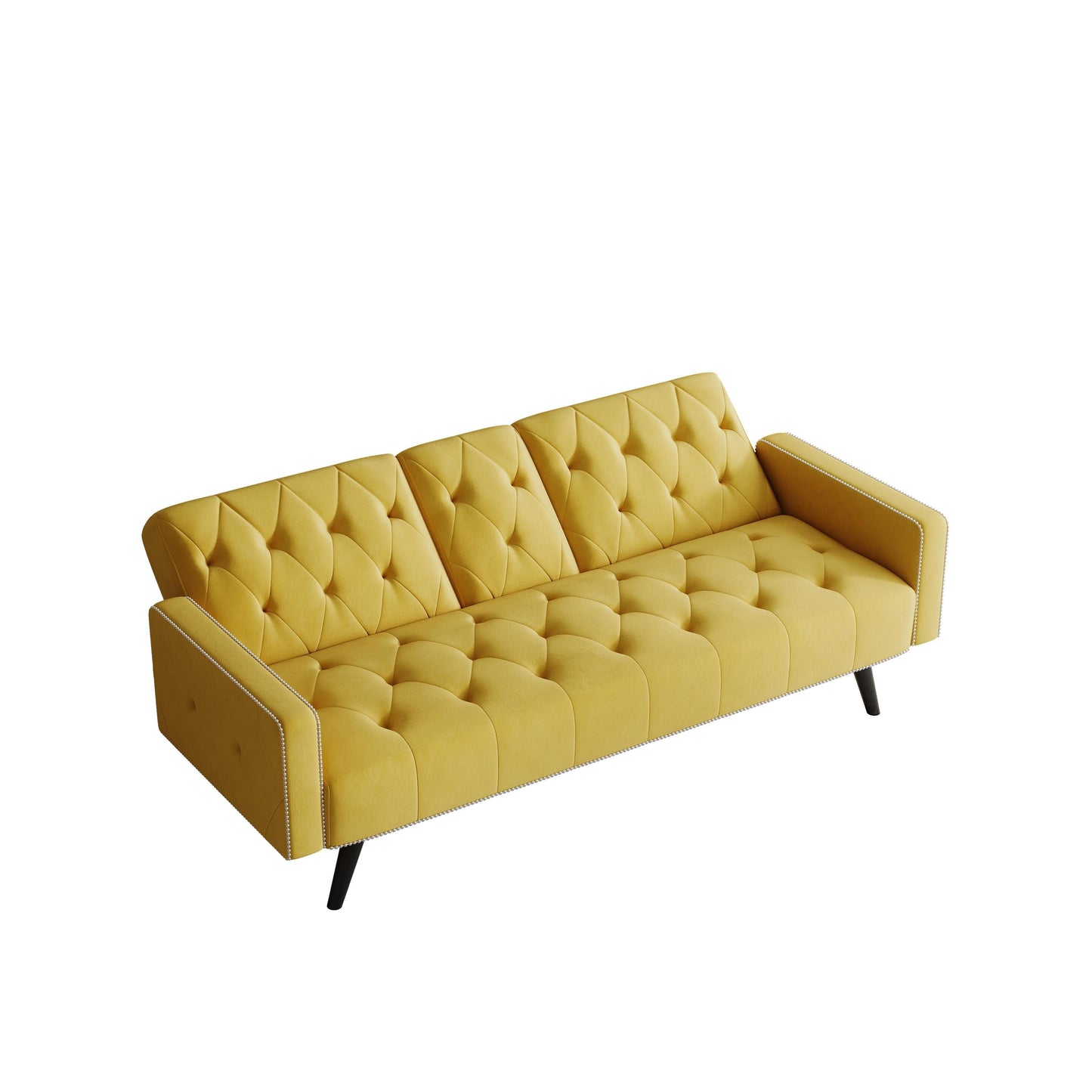 Yellow Velvet 3-seater Sofa Bed with Nailhead and Cup Holders