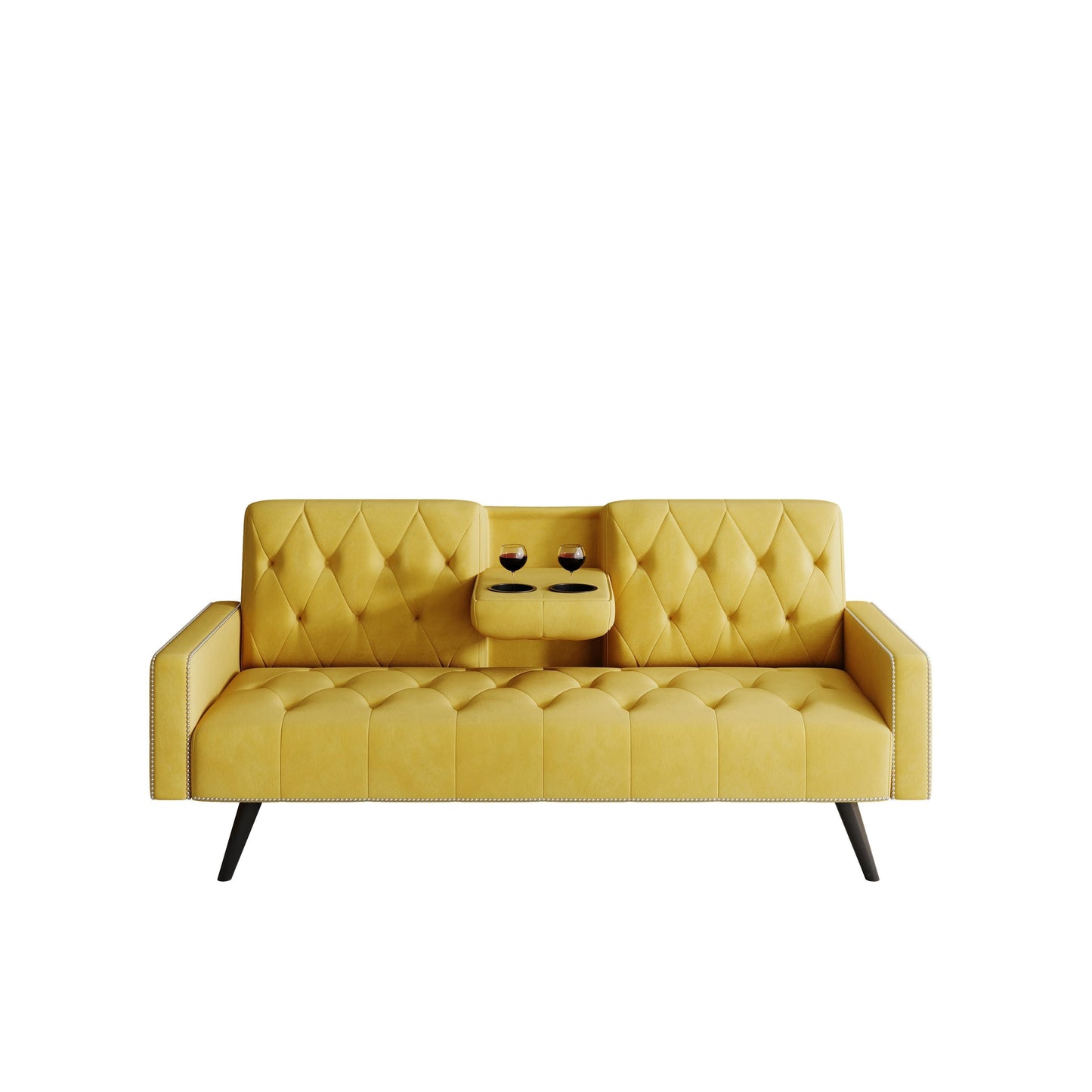 Yellow Velvet 3-seater Sofa Bed with Nailhead and Cup Holders