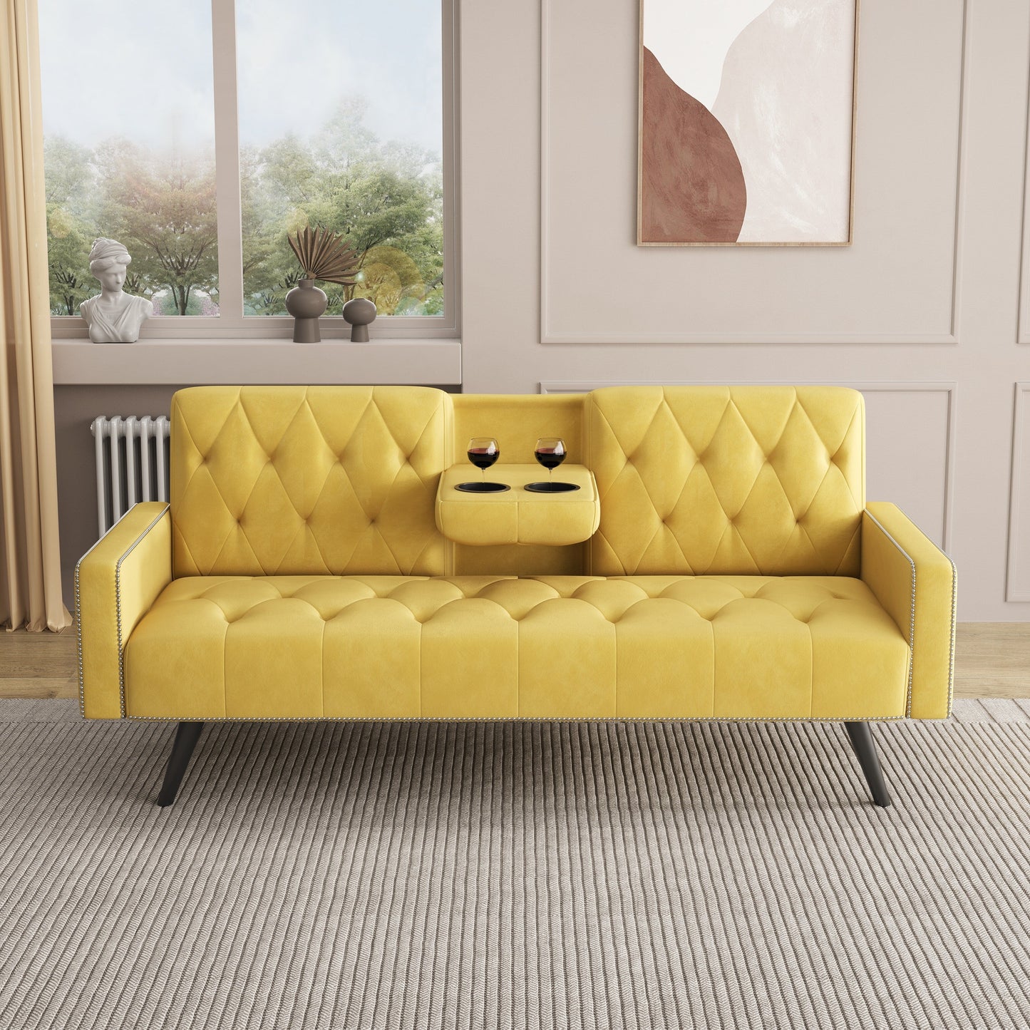 Yellow Velvet 3-seater Sofa Bed with Nailhead and Cup Holders
