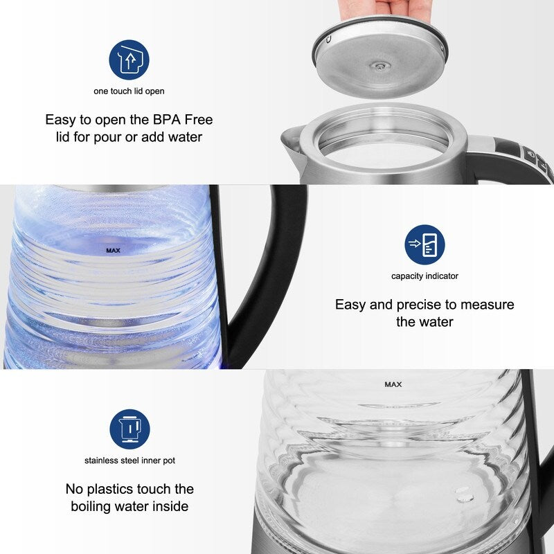 ZOKOP 0,58 Gallonen 1200 W Wasserkocher aus Borosilikatglas mit elektronischem Griff